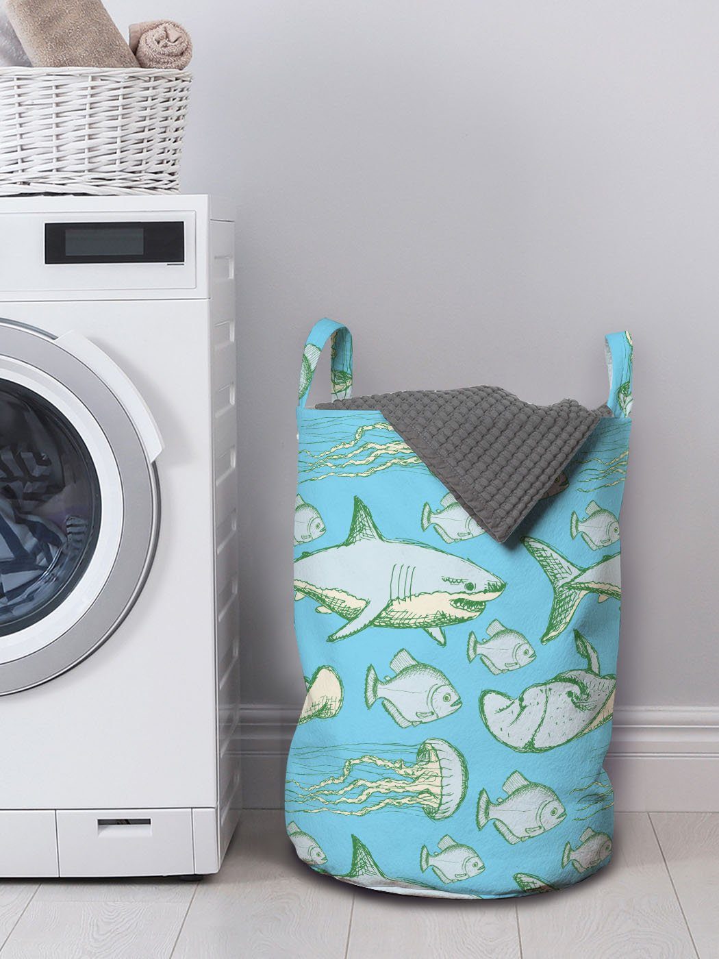 Abakuhaus Wäschesäckchen Wäschekorb mit Griffen Vintage Waschsalons, Kordelzugverschluss Hai für Creatures Sea