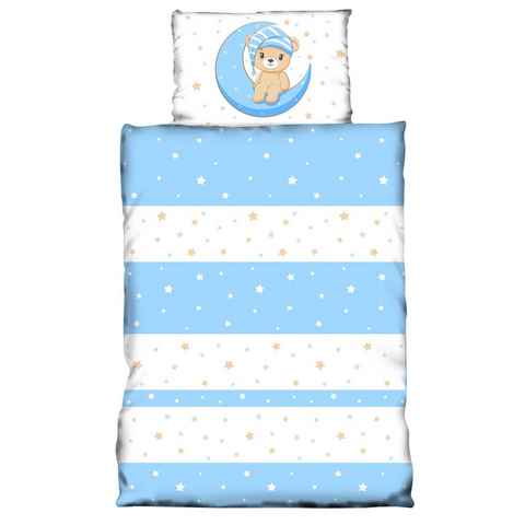 Babybettwäsche Teddy Bären, One Home, Mikrofaser, 2 teilig, Mond und Sterne für Jungen, Kinder und Babybetten geeignet