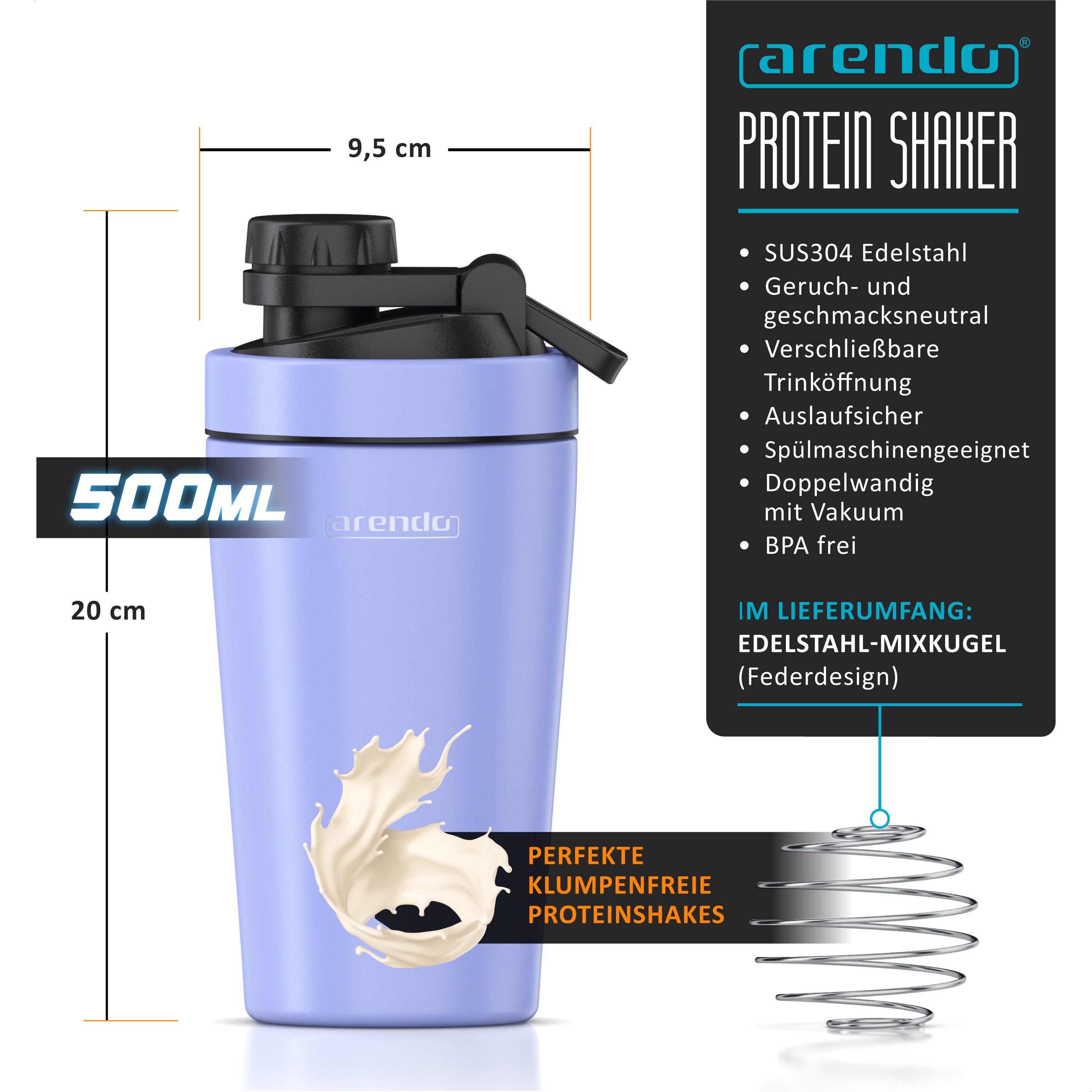 Arendo Protein Shaker Edelstahl Eiweißshaker 500 ml, verschließbar, bruchfest, BPA-frei, Edelstahl, auslaufsicher, spülmaschinengeeignet, mit Tragegriff und Mixball