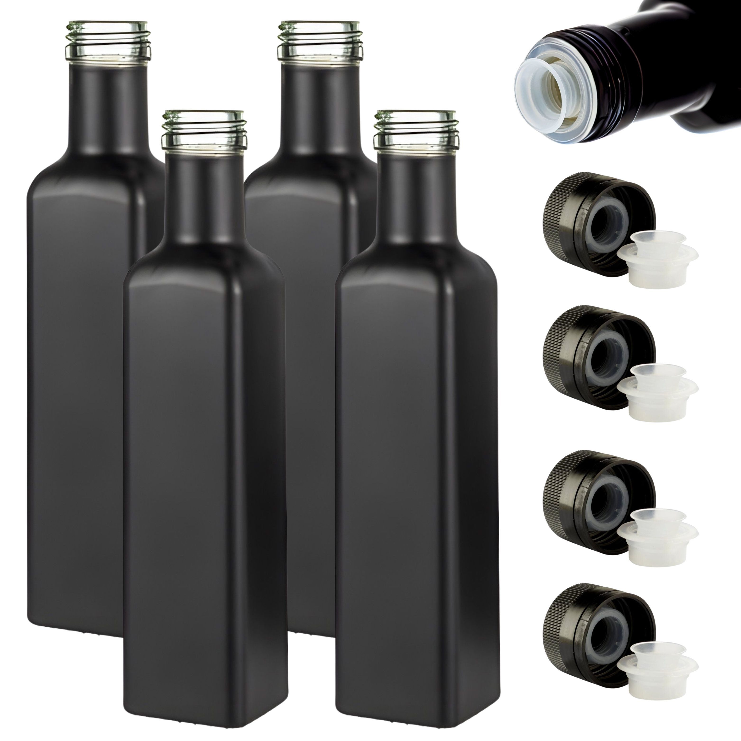 Ölspender 2 Ölflaschen 250 ml matt schwarz mit Ausgießer, Deckel & Etiketten