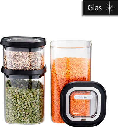 GEFU Vorratsglas PANTRY, Borosilikatglas, Kunststoff, (Set, 6-tlg., 3 Vorratsgläser, 3 Deckel), Stapelbar, luftdicht, transparent, platzsparend