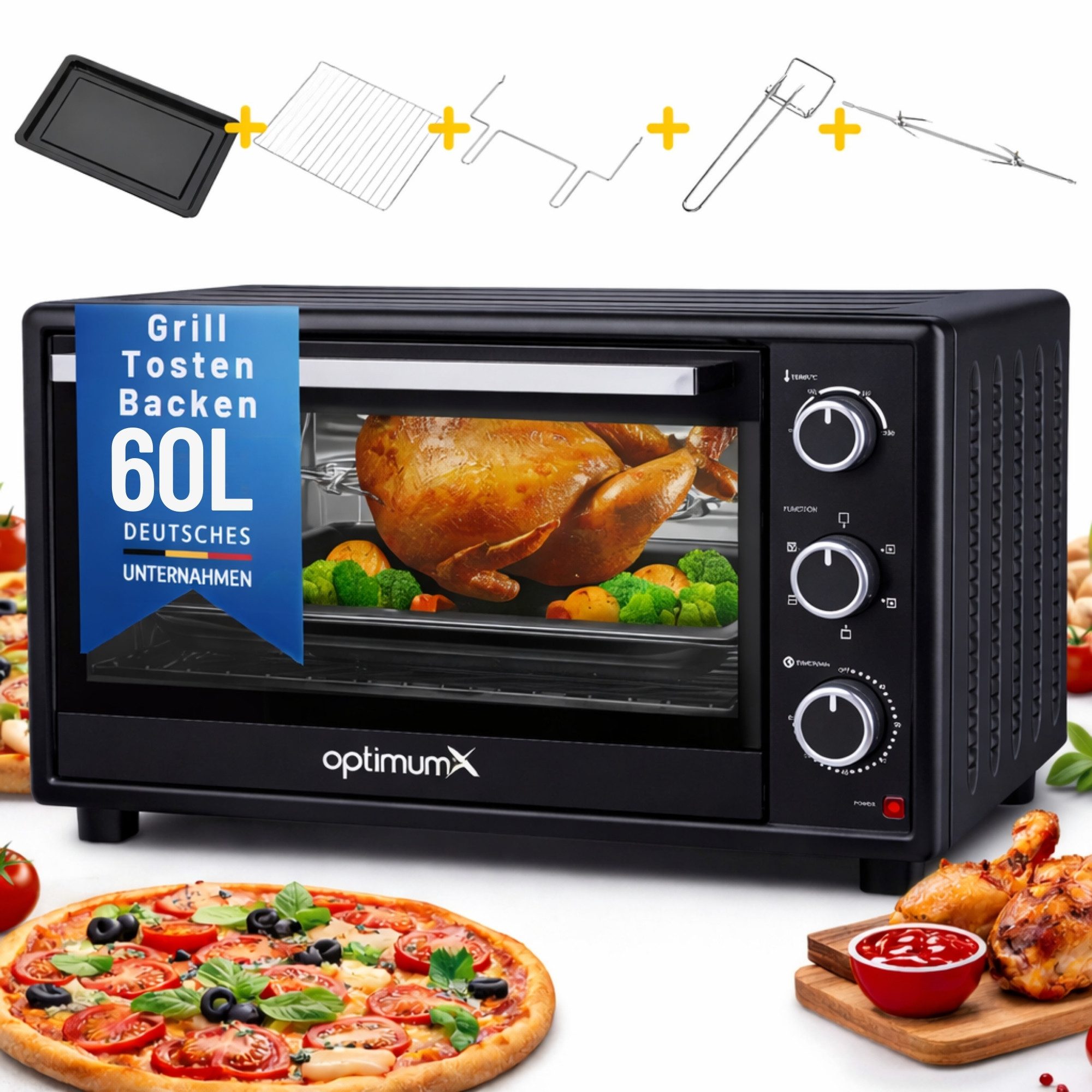 optimumX Minibackofen, 60 Liter XXL mit Umluft, 2200W, 5 Kochfunktionen, 60 min, 90-230°C