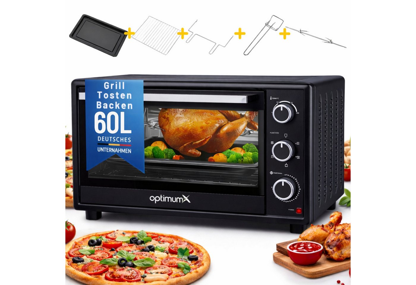 optimumX Minibackofen, 60 Liter XXL mit Umluft, 2200W, 5 Kochfunktionen, 60 min, 90-230°C
