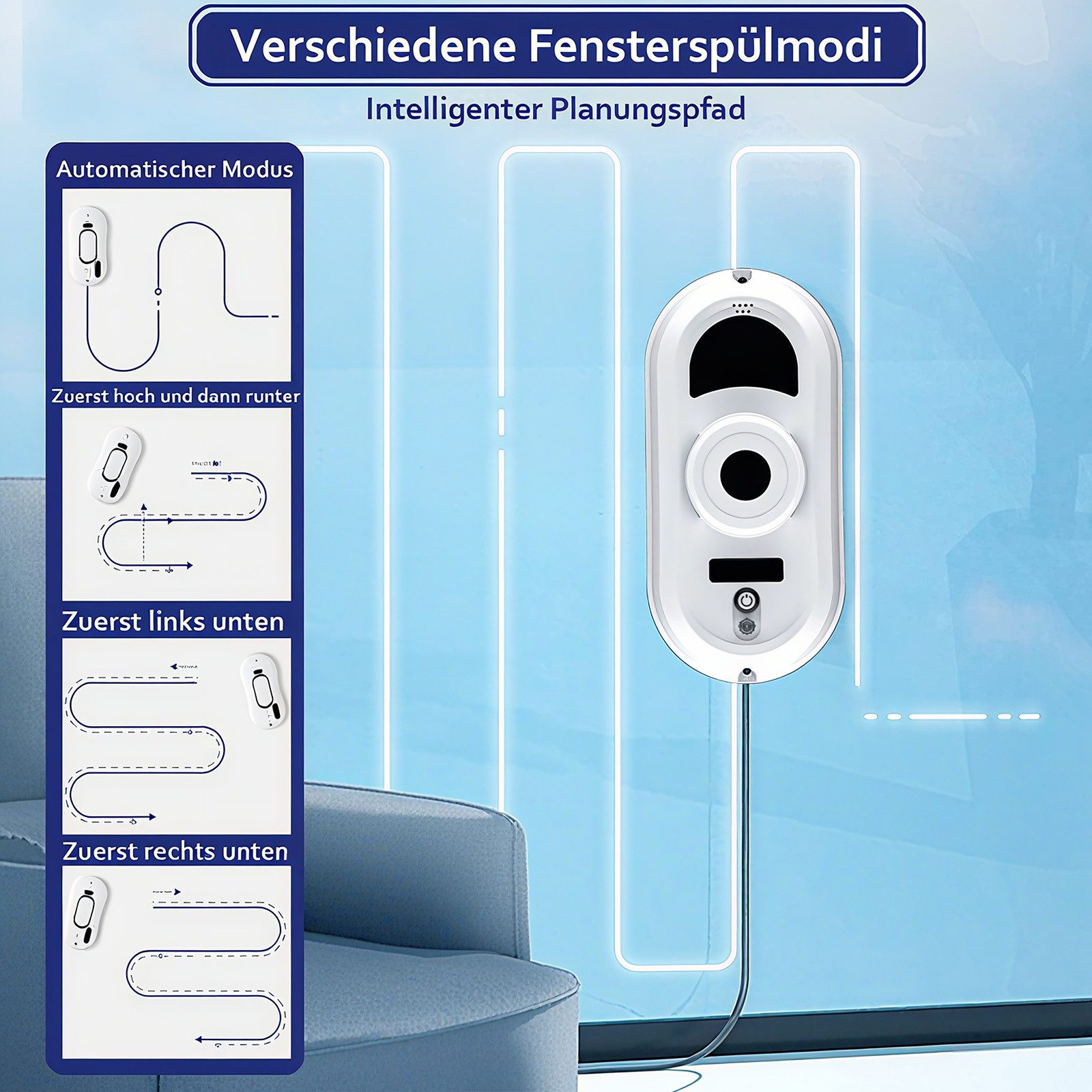 MOPUEA Fensterputzroboter Intelligenter Fensterputzer Fenstersauger mit Fernbedienung, USV-Stromausfallschut Fensterreiniger Roboter Starker Saugkraft 2800Pa