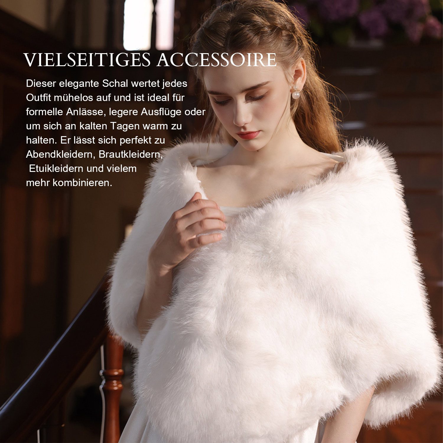 Refttenw Poncho Hochzeitsjacke,Damen Winter Schal Stola,Kunstpelz Brautjacke