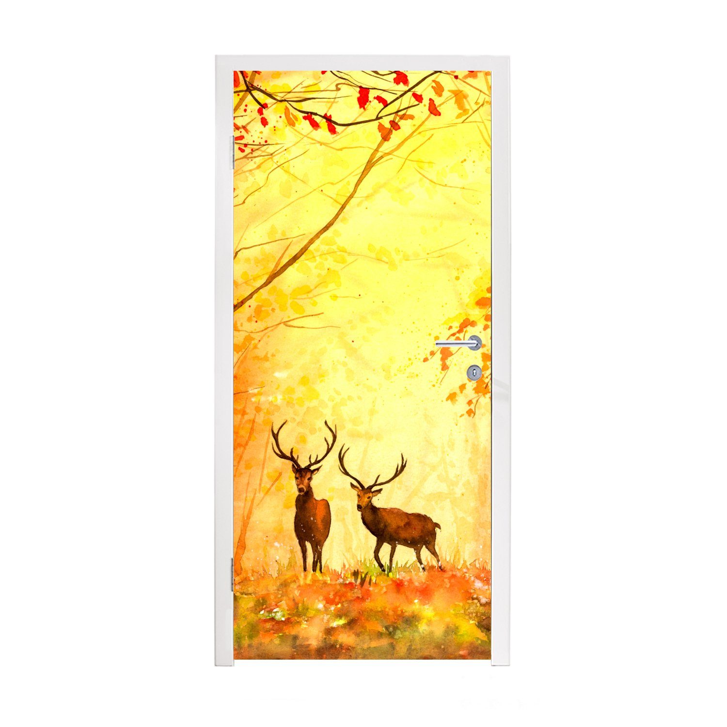 - Tiere - Tür, für Fototapete Herbst Ölfarbe Orange, St), Matt, cm Natur Hirsche Türaufkleber, bedruckt, - 75x205 MuchoWow Türtapete - - (1