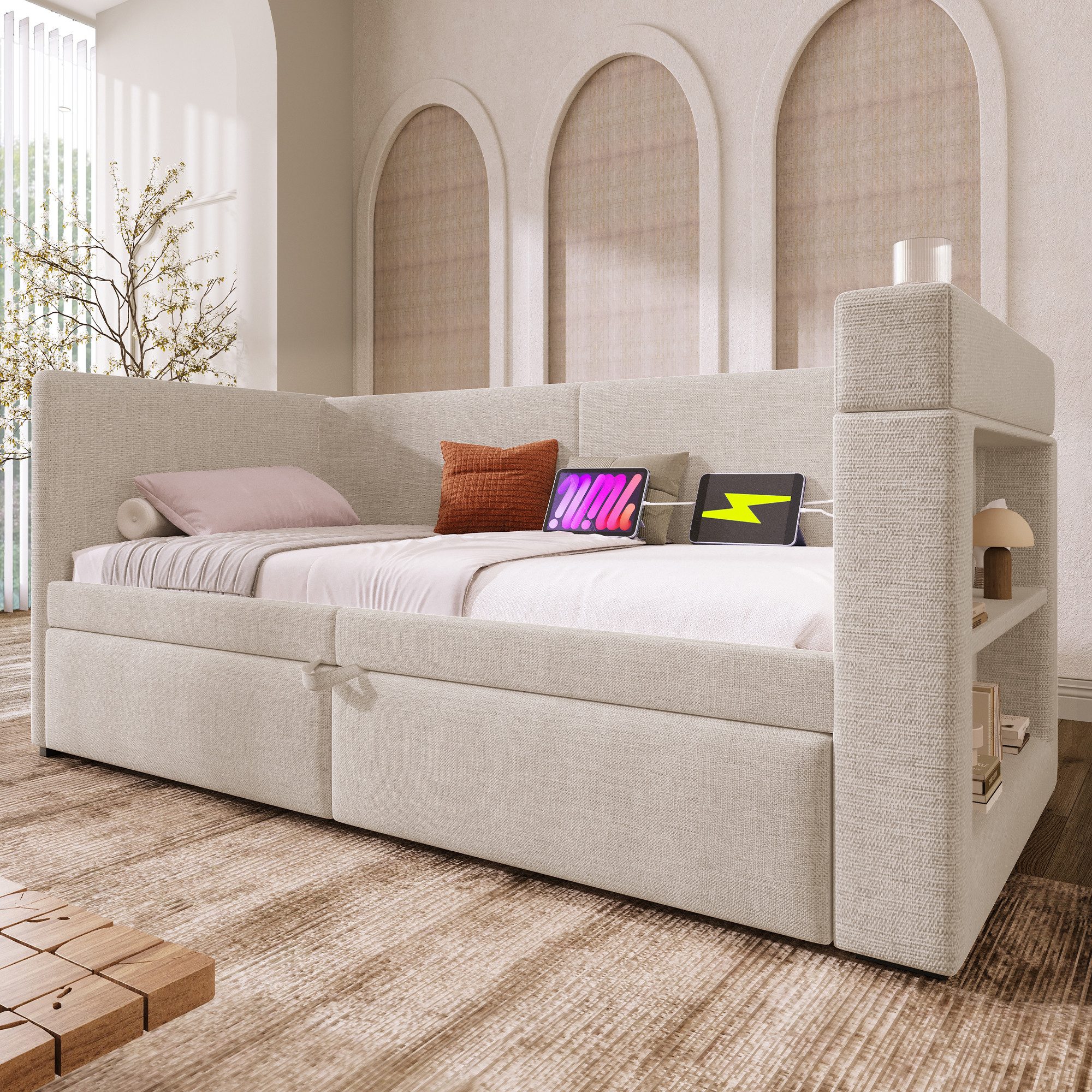 Flieks Daybett, Polsterbett 90/180x200cm mit Ausziehbett, Ladefunktion & Stauraumregal