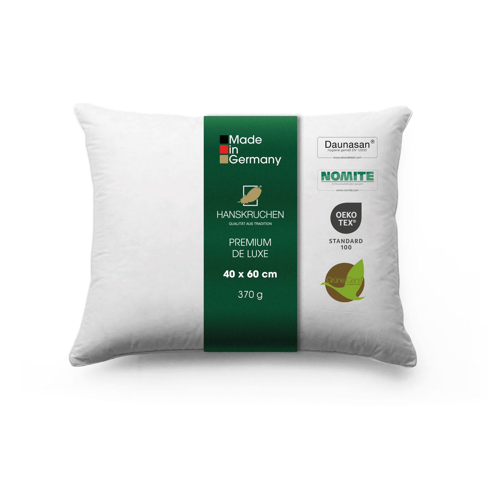 HANSKRUCHEN 3-Kammer-Kopfkissen HANSKRUCHEN Daunenkissen Kopfkissen Premium de Luxe 40 x 60 cm, Füllung: 90% Daunen, 10% Federn, Bezug: 1005 Baumwolle, 3-Kammer-Kopfkissen, Daunen, NOMITE, Made in Germany