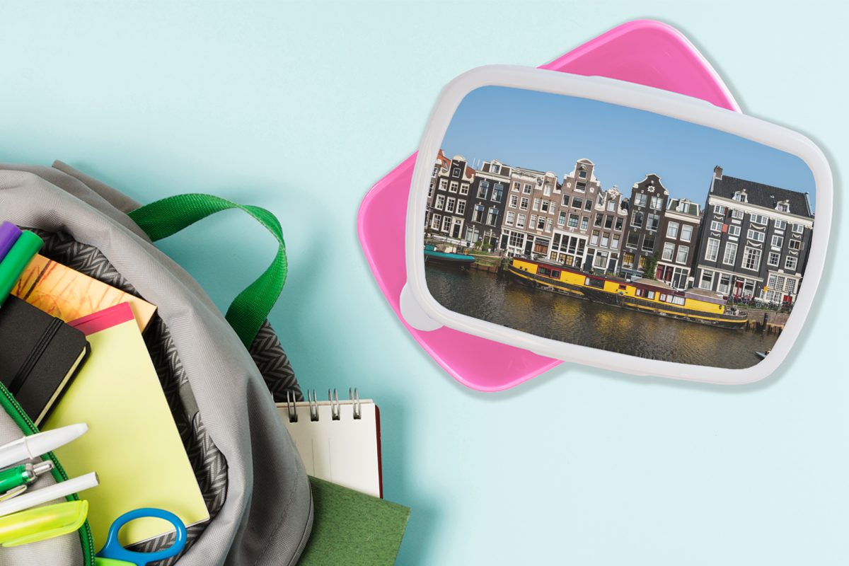 Hausboot Mädchen, Kunststoff, Kunststoff in Kinder, von MuchoWow Amsterdam, Snackbox, der Brotbox Gracht gelbes Brotdose Erwachsene, (2-tlg), Ein für rosa Lunchbox