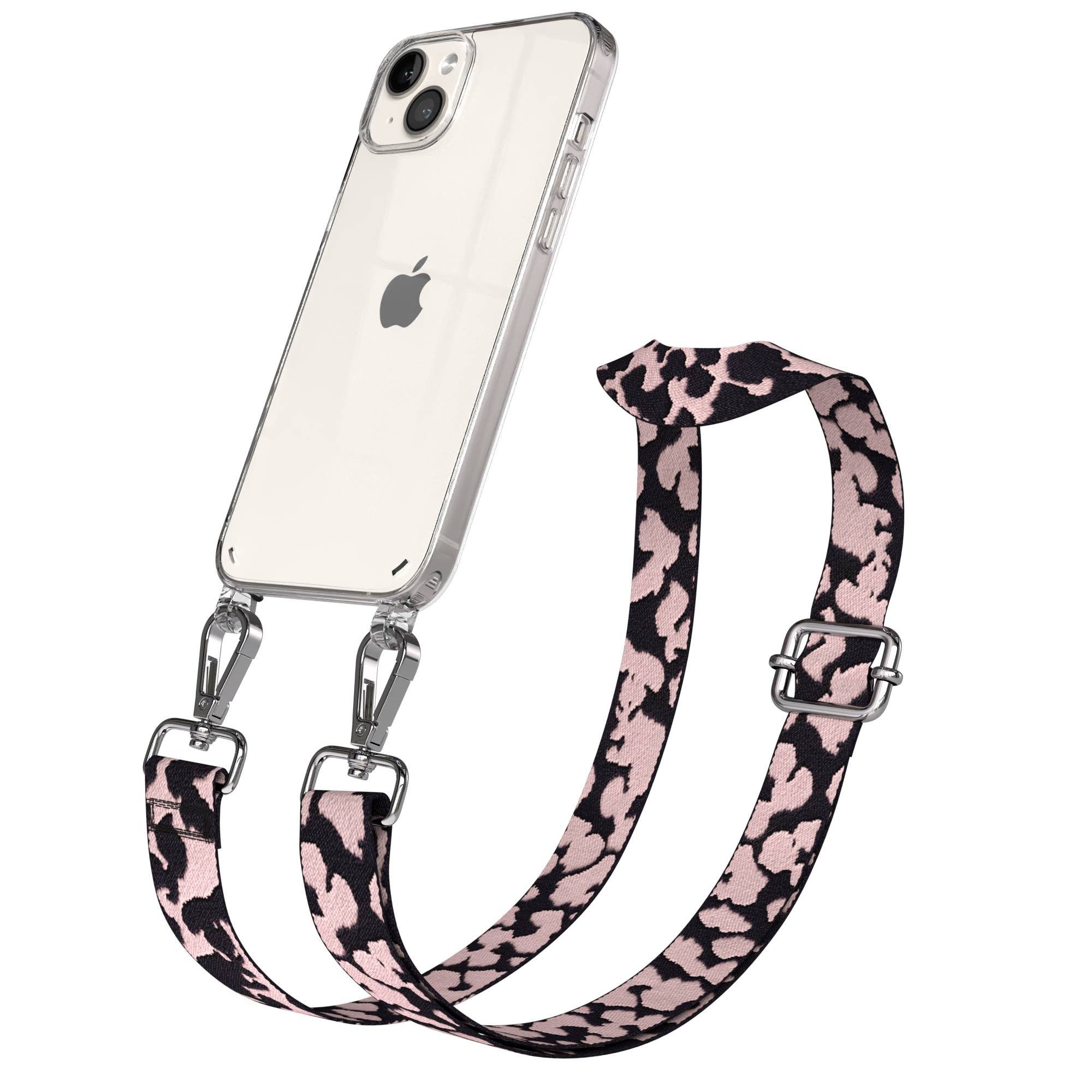 EAZY CASE Handykette Umhängeband für Apple iPhone 14 Plus 6,7 Zoll, Silikon Handyhülle mit Band Camouflage zum Tragen Rosa