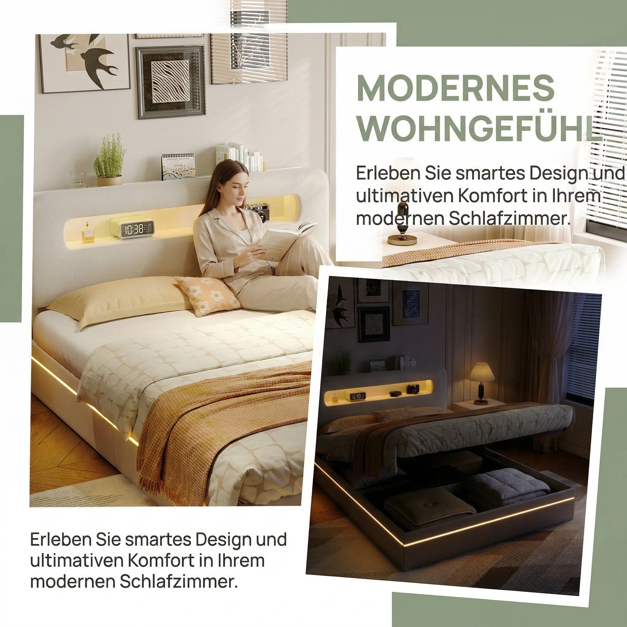 NMCXXO Polsterbett LED Doppelbett 140x200 cm (USB-Ladeanschluss), Bettkasten, Ladefunktion, Teddysamt, 140x200 – Bild 3 von 5