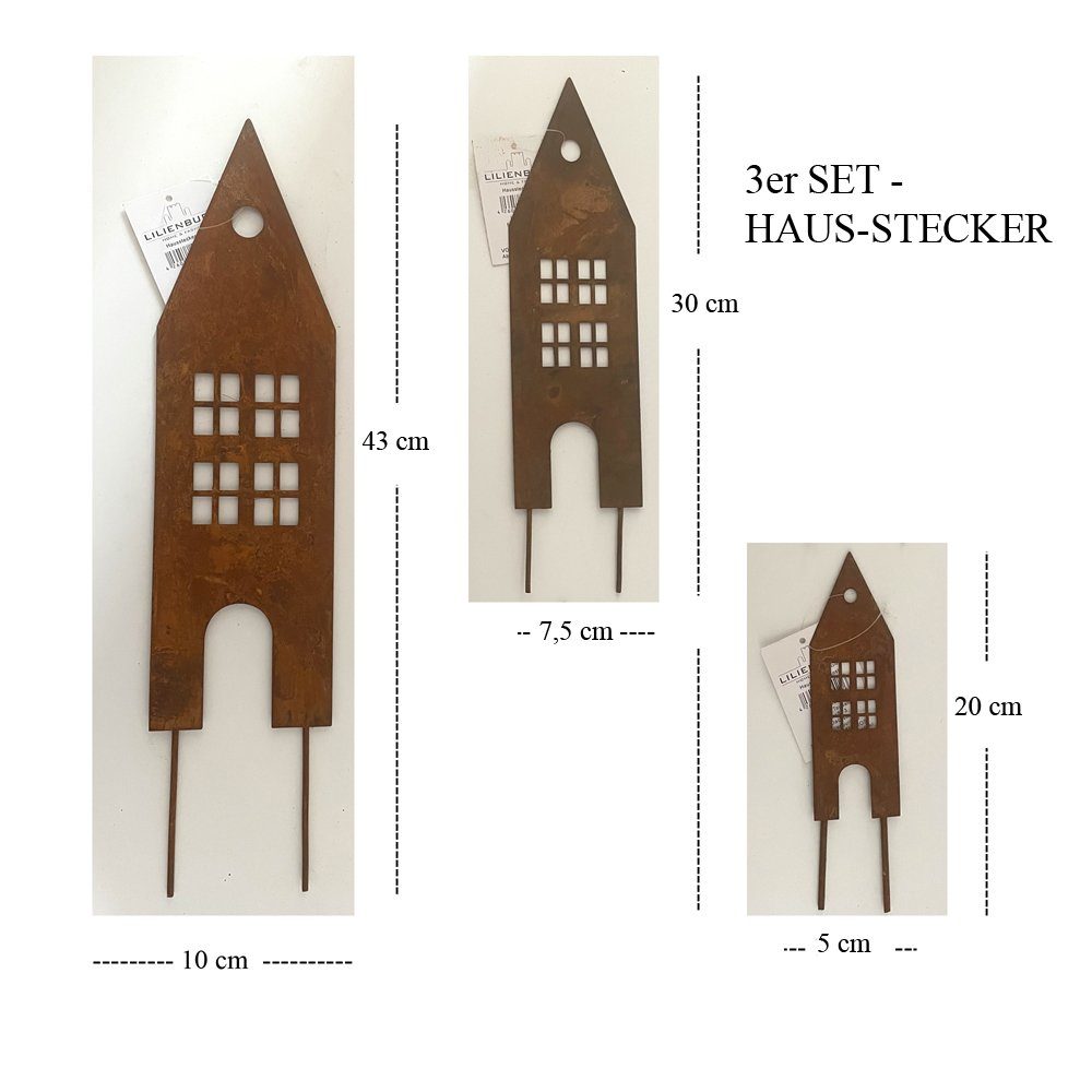 LB H&F Lilienburg Gartenstecker LB H&F Lilienburg Häuser 3er Set Gartendeko Roststecker (Edelrost Gartenfigur Dekofigur Dekohaus Haus Rost Rostdeko) Rost Metall Gartenstecker Beetstecker Dekostecker rostige Deko Garten