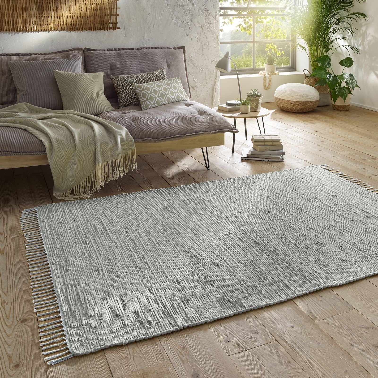 TaraCarpet Teppich Flickenteppich TaraCarpet Sylt mit Fransen, rechteckig, Höhe: 5 mm, Wohnzimmer Schlafzimmer Küchenteppich nachhaltig grau 060x120