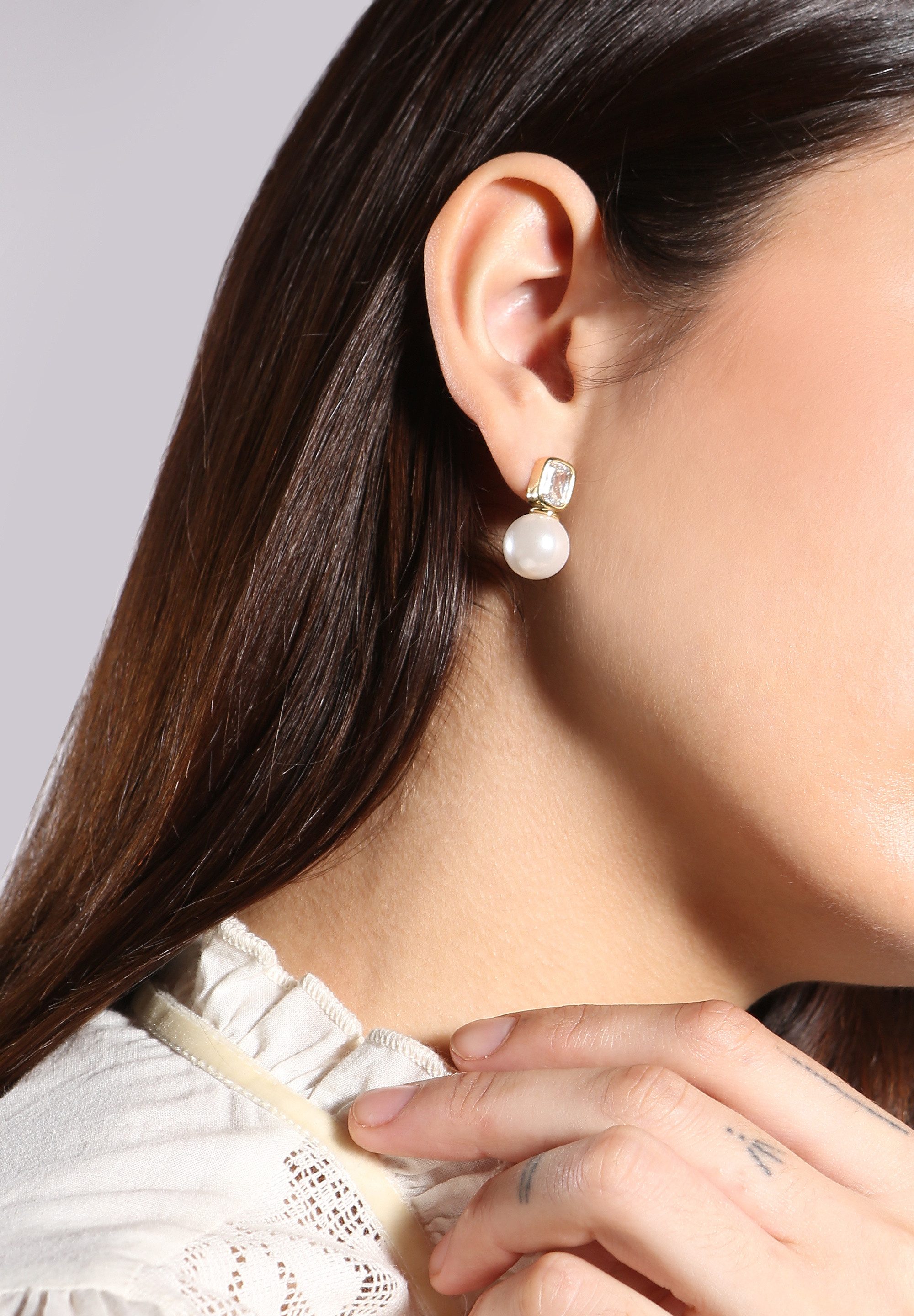 MISH Paar Ohrhänger Jasmine, Diamantdetail, weiße Perle, Ohrstecker