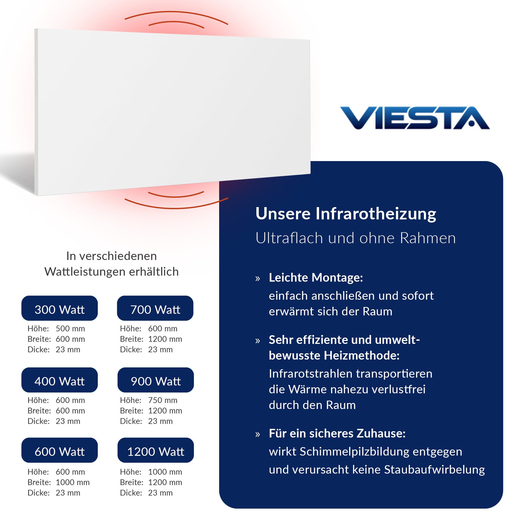 VIESTA Infrarotheizung Carbon Crystal Heizpaneel H Serie Wand/Decke 300-1200W mit Thermostat, Energieeffizient, Langlebig, Überhitzungsschutz, Wartungsfrei, IP20