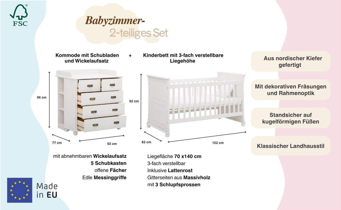 Lüttenhütt Babyzimmer-Komplettset Aimo, luxoriöser Landhausstil, Messinggriffe, (Spar-Set, 3-tlg., Kinderbett, Wickelkommode, Unterbauregal, 5 Schubladen), aus Massivholz; FSC®-Holz aus gewissenhaft bewirtschafteten Wäldern