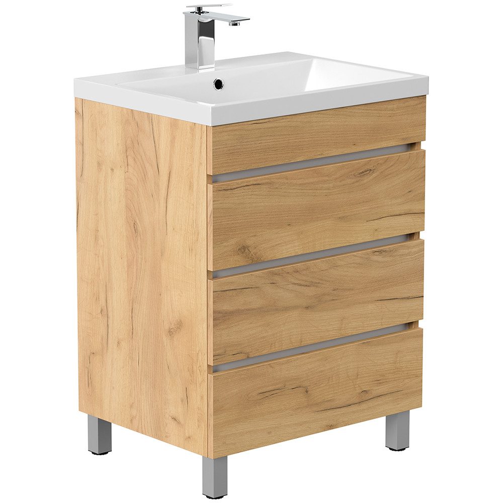 Lomadox Waschtisch FROME-02, 70 cm, stehend, Eiche, mit 3 Schubladen