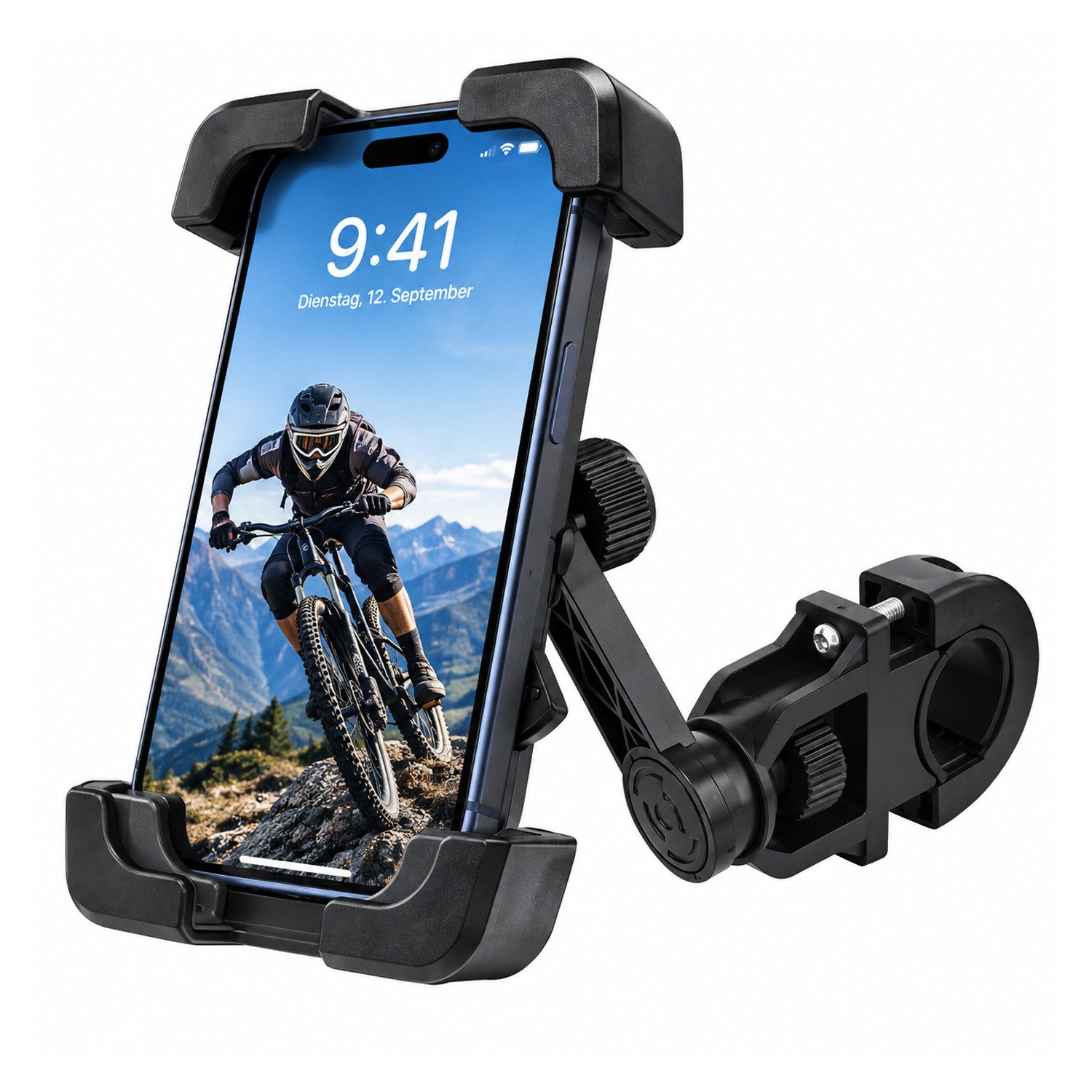 BOOD Handy-Halterung 360° drehbar, für 4,7‑6,7 Zoll Smartphones, Lenker 22‑28 mm, schwarz, (bis 6,7 Zoll, Packung, 1-tlg., Montage erforderlich, Handy‑Lenkerhalter mit Silikon‑Dämpfung,inkl. Montagewerkzeug)