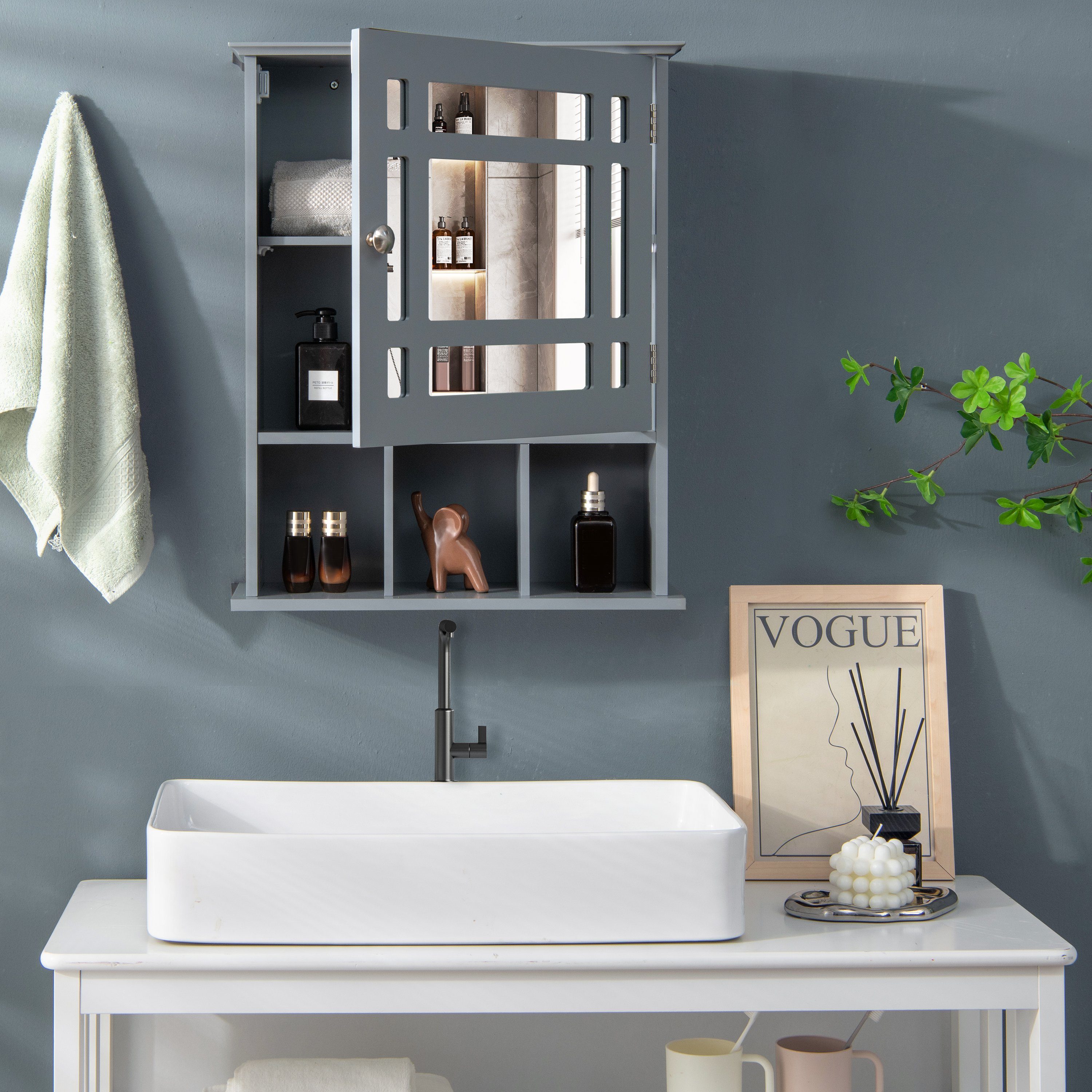COSTWAY Badezimmerspiegelschrank mit verstellbarem Einlegeboden offenen Fächern 3 grau und