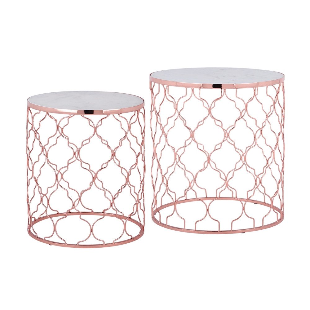 WOMO-DESIGN Beistelltisch 2er Set rund Metall Couchtisch Sofatisch Wohnzimmertisch handgefertigt (2-St), Ø45x50cm/40x45cm Marmor Optik mit Glasplatte verspiegelt Metallgestell