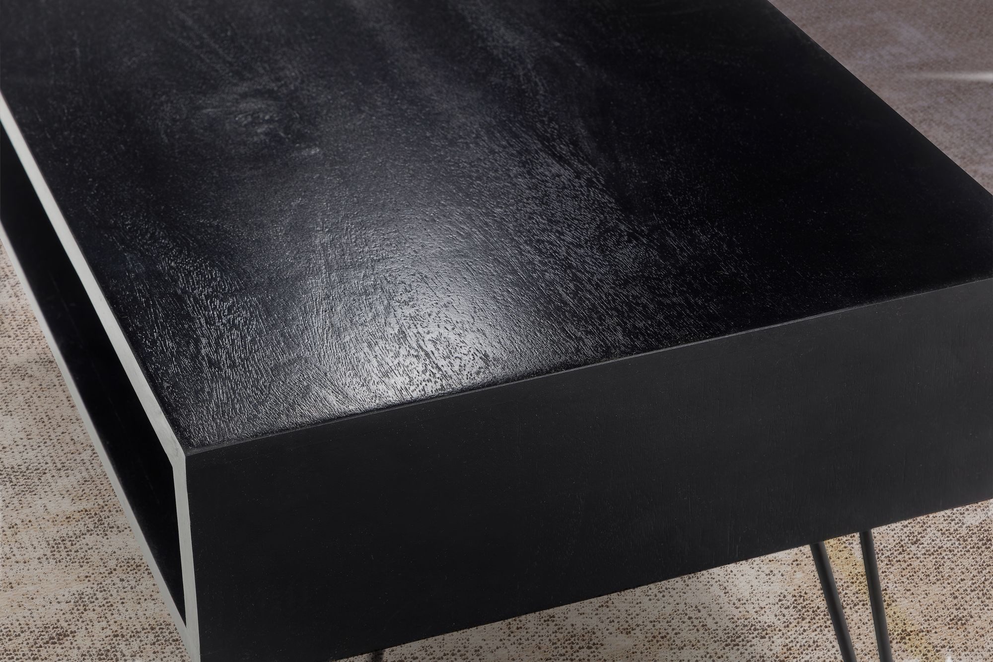 FineBuy Couchtisch Mango Massivholz schwarz 100x50 cm · rechteckiger Wohnzimmertisch mit Ablagefach · Massivholztisch mit Hairpin-Beinen im modernen Industrial  – Bild 5 von 5