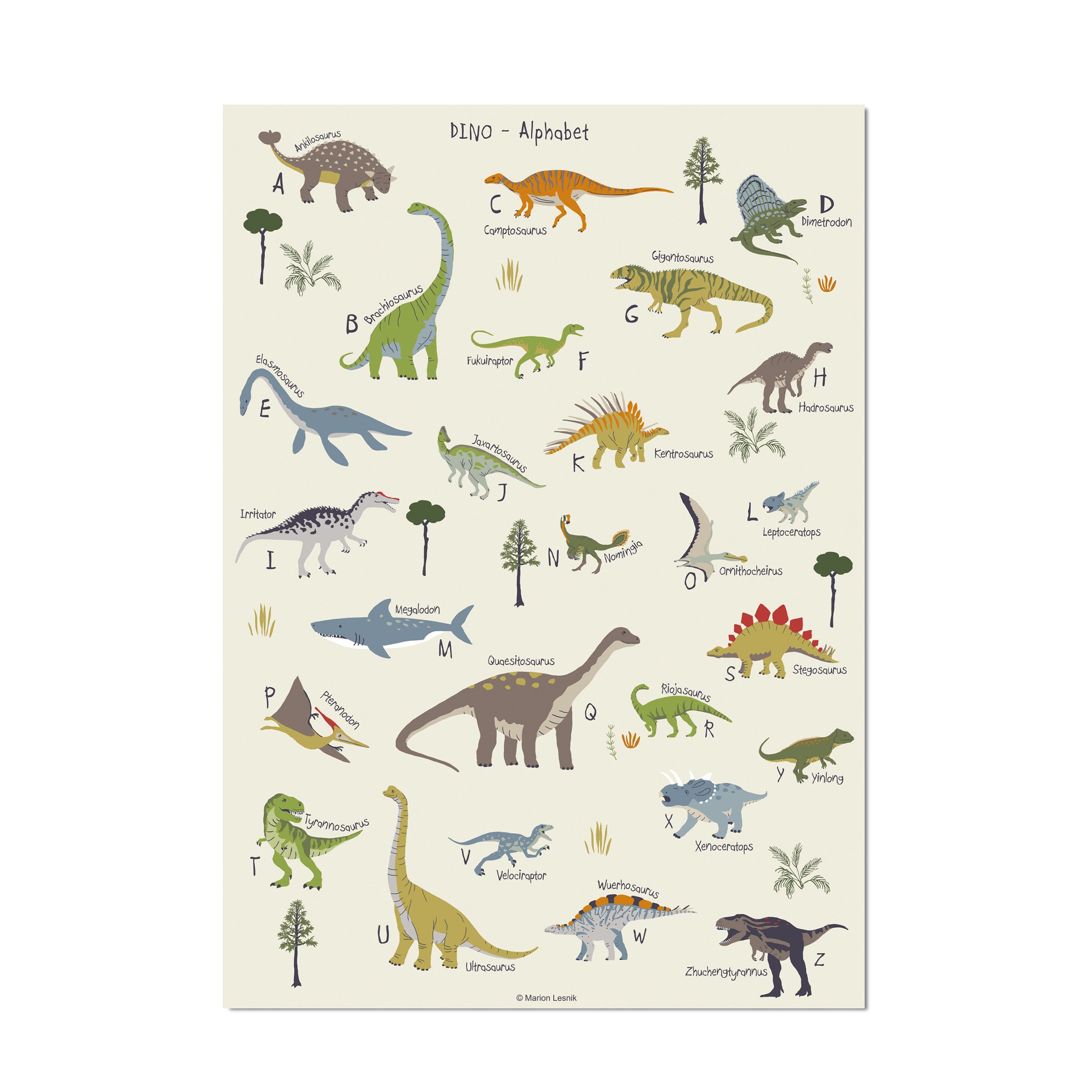 scriptum Poster Dinosaurier ABC Poster Deutsch – Lernposter Kinderzimmer 50x70 cm, (1 St), Made in Germany