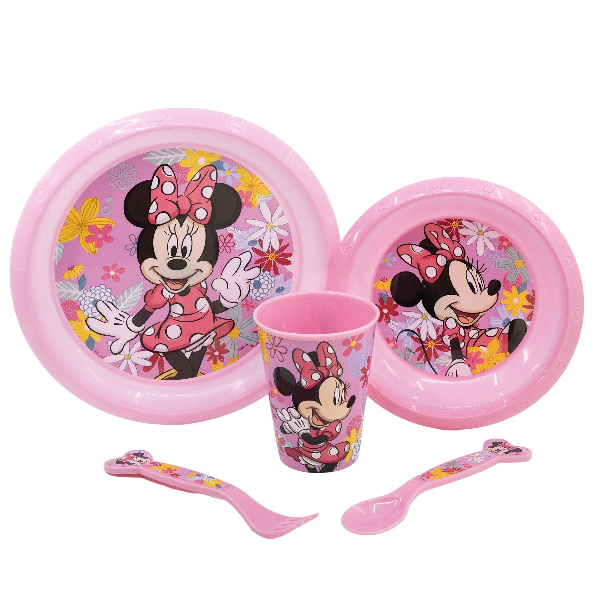 Disney Kindergeschirr-Set Disney Minnie Mouse Kinder Geschirr-Set 5 teilig (5-tlg), 1 Personen, Kunststoff, Becher Teller Schüssel Besteck