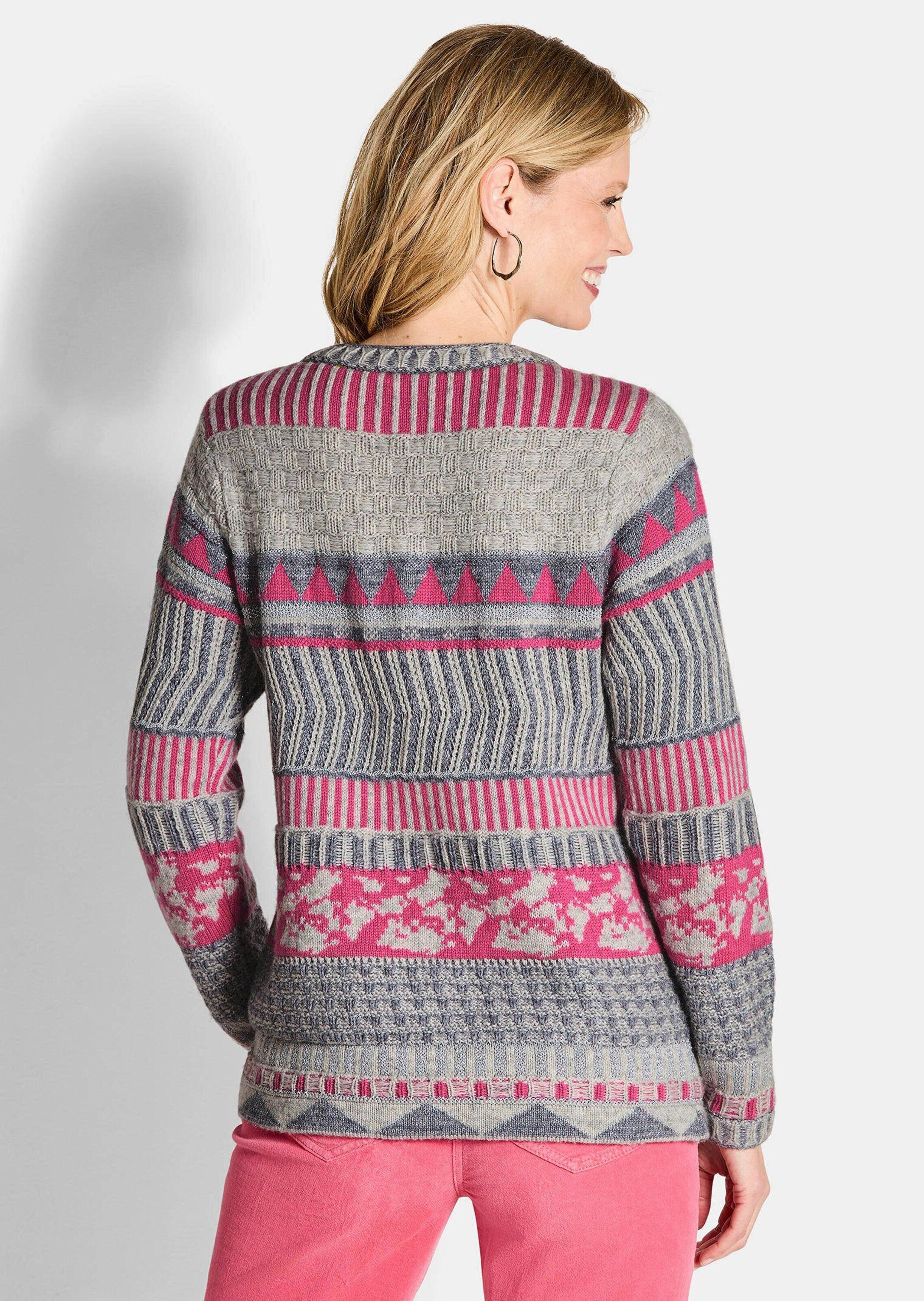 GOLDNER Strickpullover Norwegerpullover mit U-Boot-Ausschnitt Hüftlanger Jacquard-Pullover mit Lurex-Details, Langarm