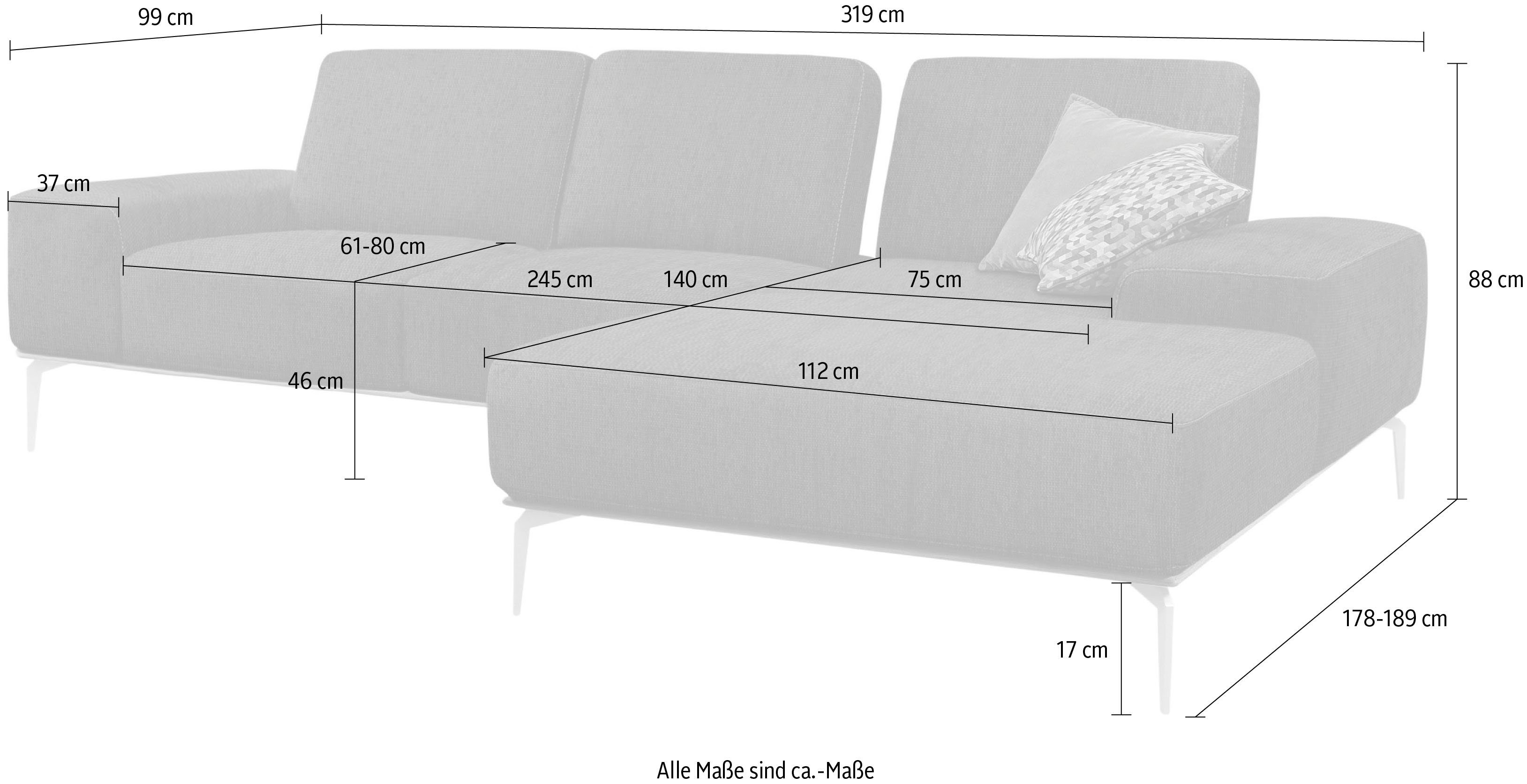 matt, Breite W.SCHILLIG Holzsockel, cm 319 Silber in run, Ecksofa mit elegantem Füße