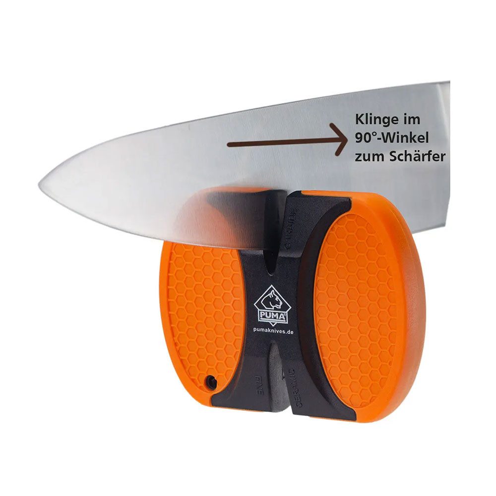 Puma Messer Messerschärfer TEC Schärfgerät SharpGo - Orange Messerschärfer Schleifgerät, schwimmt, gut auffindbar in Gelände, X-förmig, grobe und feine Stufe