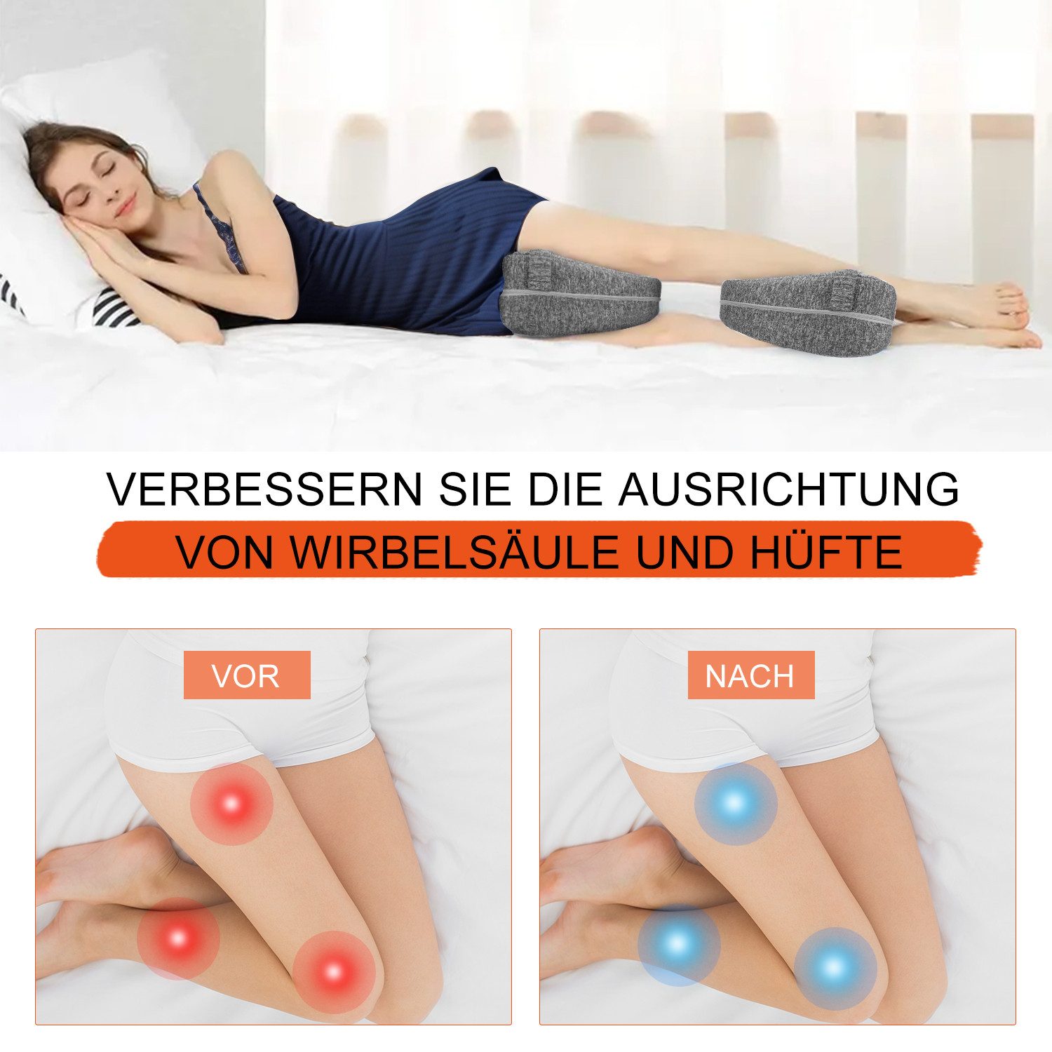 LETGOSPT Kniekissen 2 Stück Kniekissen für Seitenschläfer aus Memory Foam, orthopädisches Beinkissen, mit Fixiergurt
