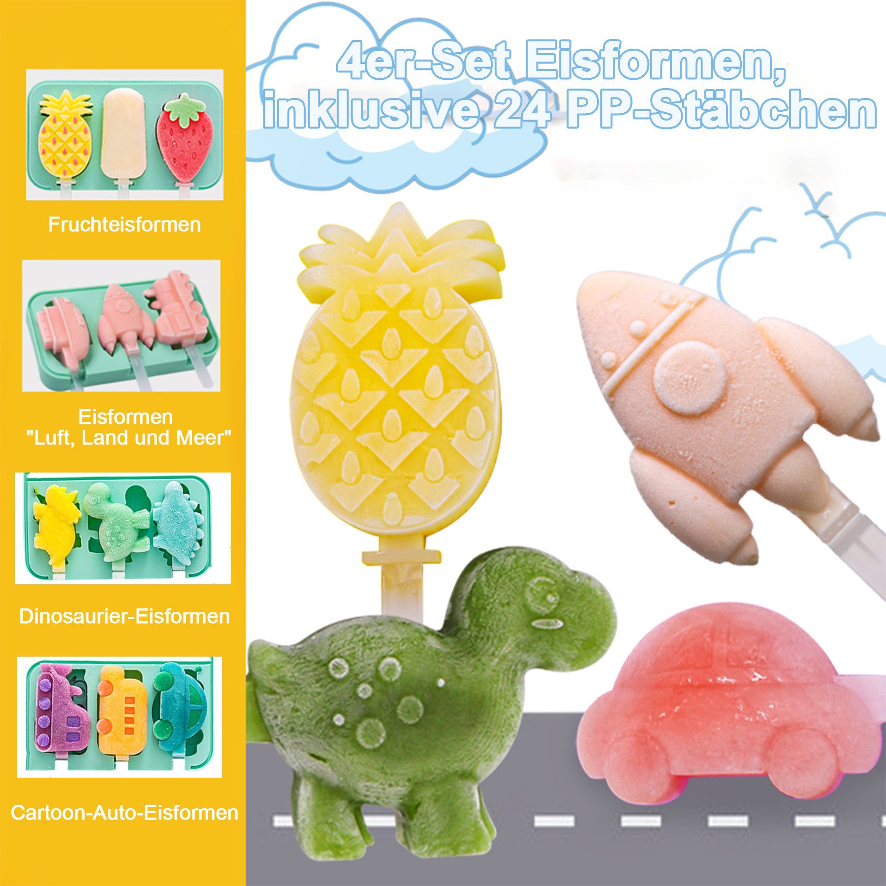 Mutig Eisform Eisformen Eis am Stiel,4 Stück Silikon Eis am Stiel Eiscreme eisform, (Cakesicles Silikonform, Cake Pop Stiele, Ständer, 24 Eisstiele), Geeignet für Geburtstag, Familie, Sommer, DIY, Kinder, Erwachsene