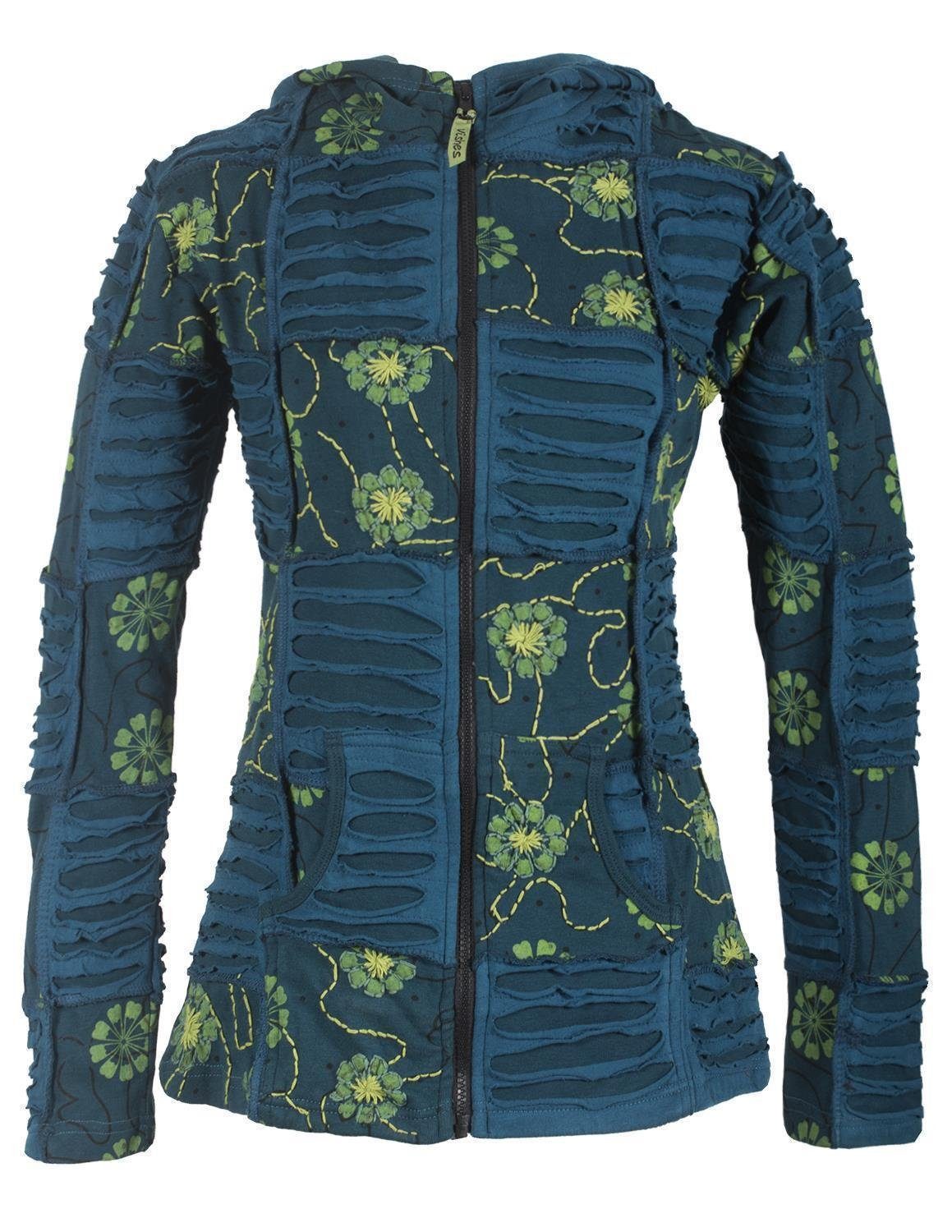 Vishes Kapuzensweatjacke Bestickte Blumen Patchworkjacke mit Zipfelkapuze Elfen, Goa, Boho, Ethno Style türkis