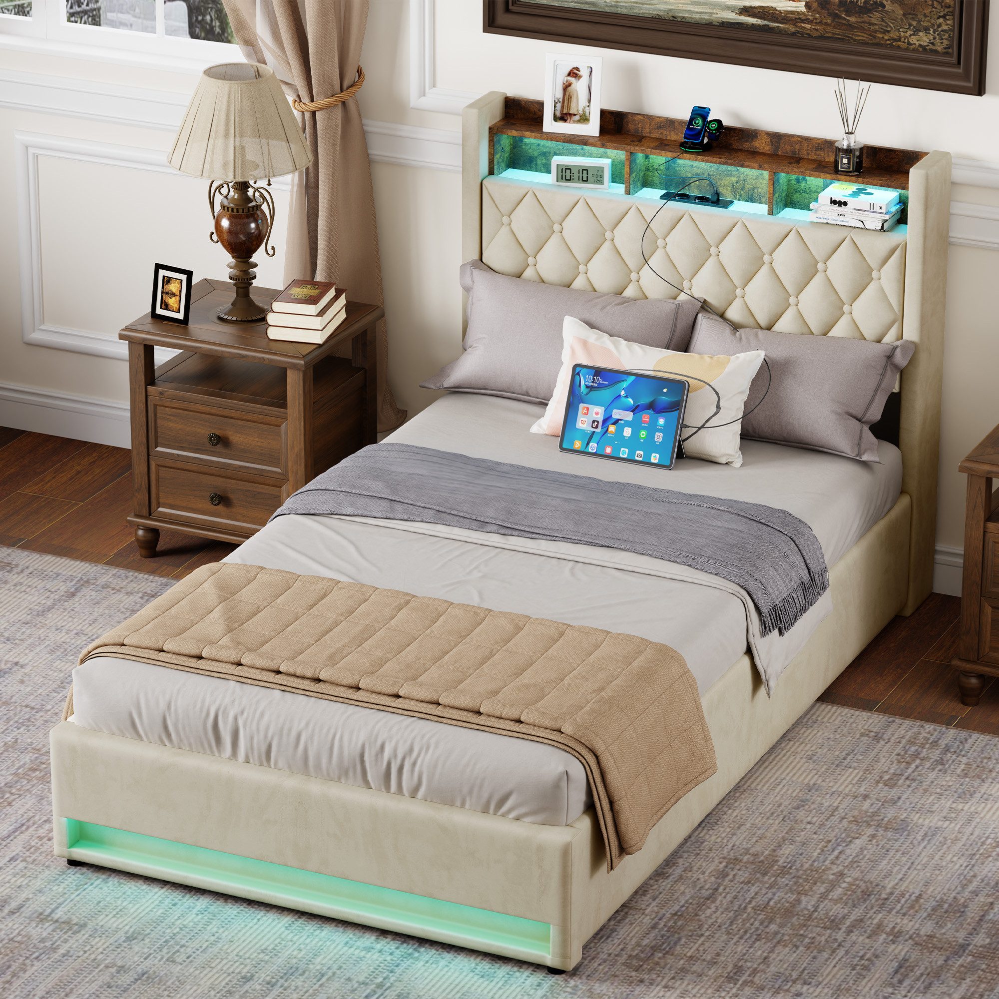 REDOM Polsterbett mit Premium-Samt – Stabil, Komfortabel, Zeitlos (Robuster Holz-Eisen-Rahmen • Atmungsaktiver Schaum • Inklusive Lattenrost, 1-tlg., 140*200), Mit LED-Lichtleiste und USB-Aufladung