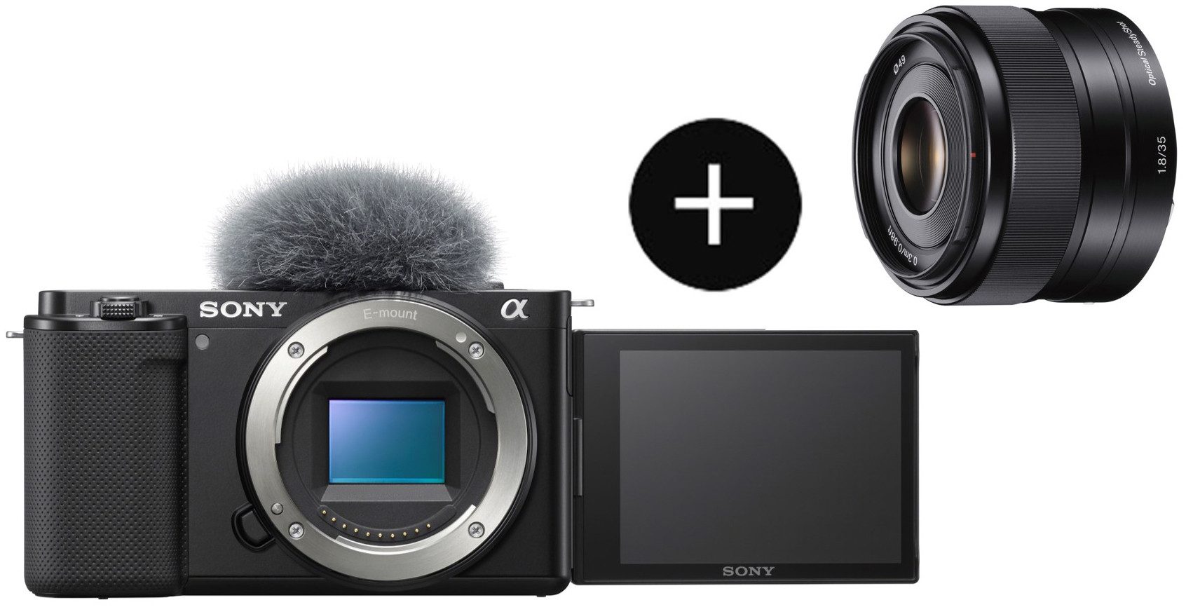 Sony Set: SEL35F18 Objektiv + ZVE10LBDI Systemkamera (Sony E 35mm F1.8 OSS, 24,2 MP, Bluetooth, WLAN, Spiegellose Vlog-Kamera 4K-Video, Echtzeit-Augen-Autofokus)