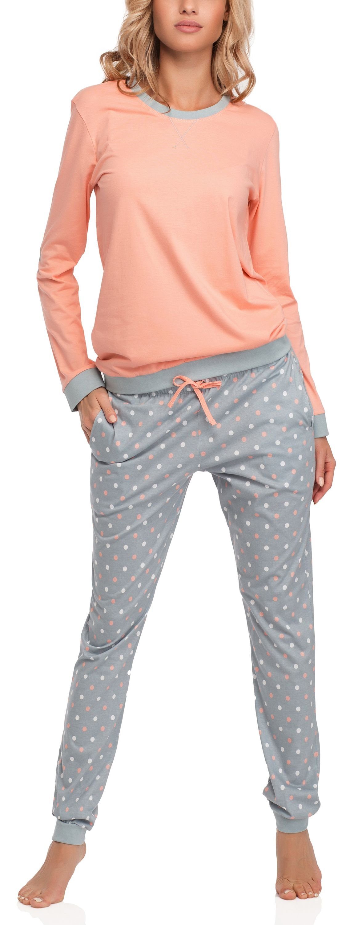 Cornette Schlafanzug Damen Schlafanzug Zweiteiler Pyjama Langarm mit Rundhals Baumwolle 634 Lachs/Grau