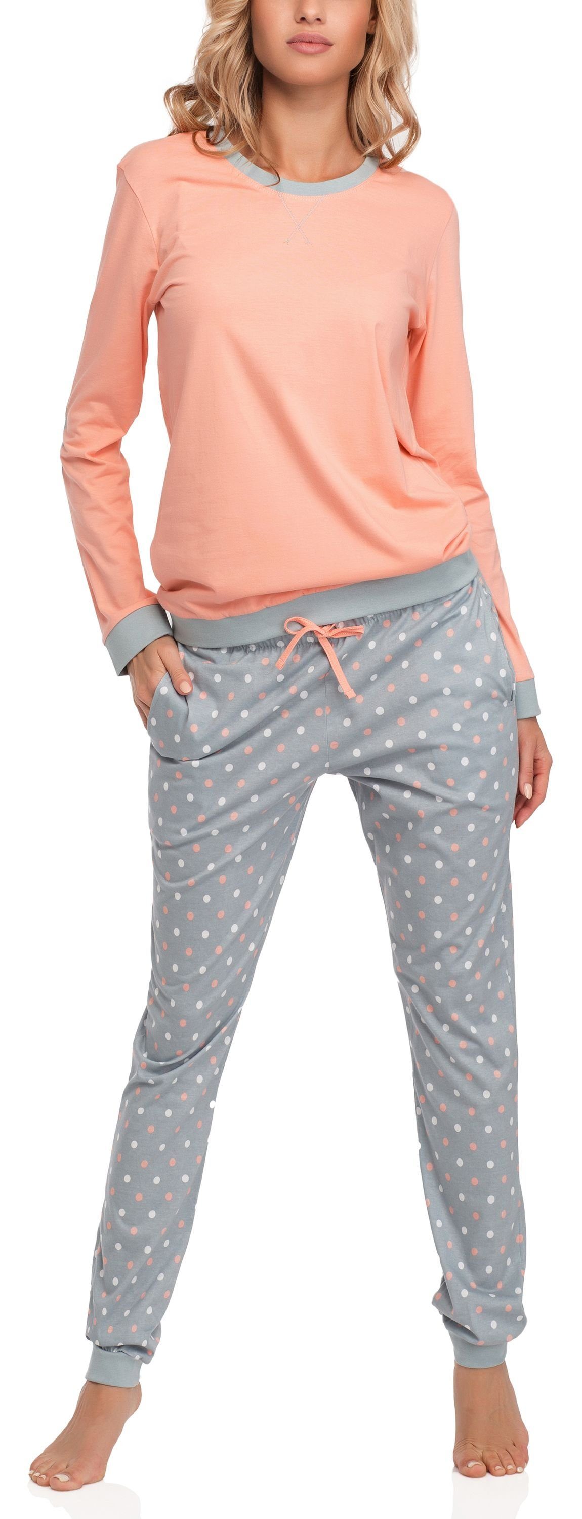 Zweiteiler Lachs/Grau Damen Rundhals mit Schlafanzug Schlafanzug Pyjama Langarm Baumwolle Cornette 634