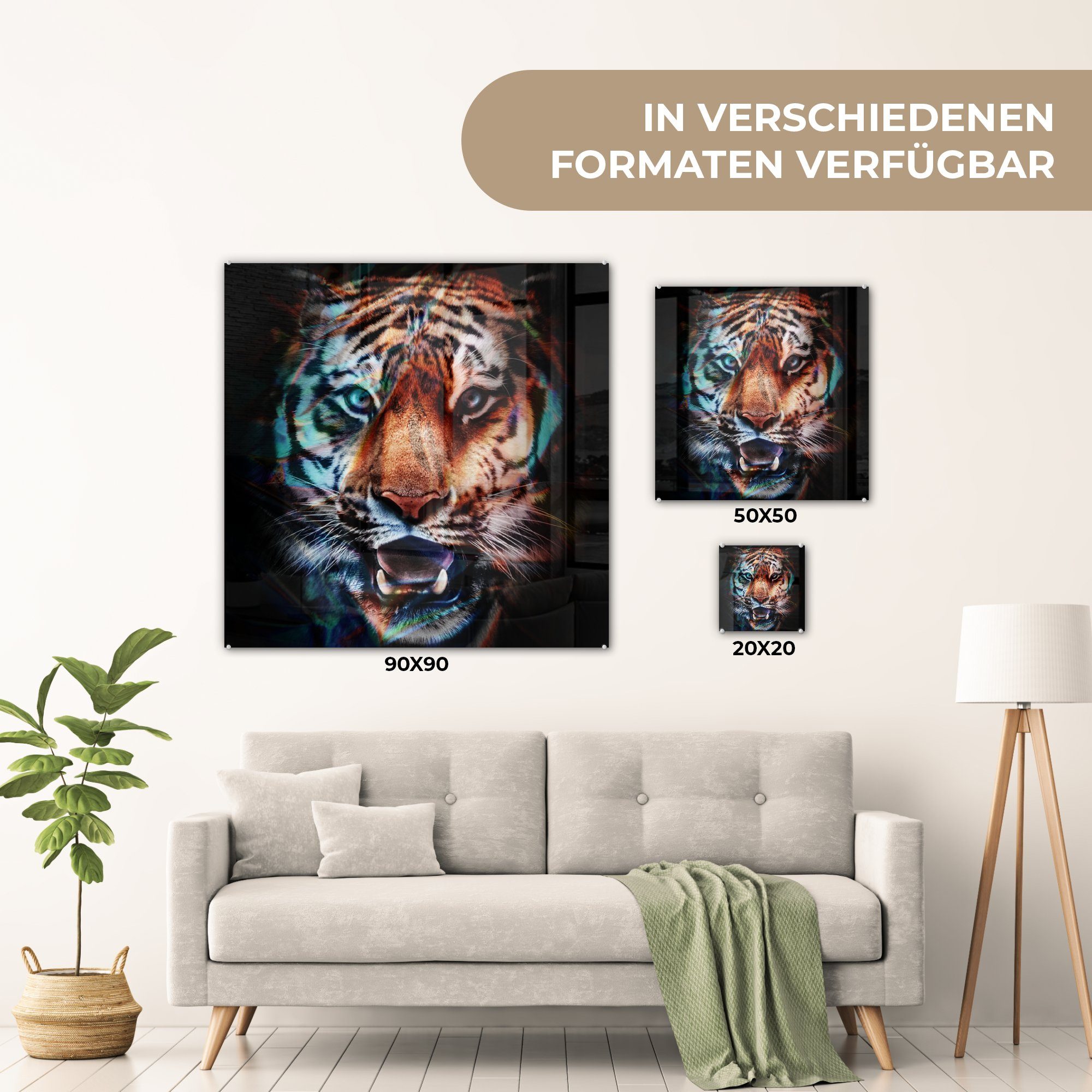 Glas - St), Tiger auf Tier, - Glasbilder Farben MuchoWow Wandbild - Bilder (1 auf Acrylglasbild Foto Glas - - Wanddekoration