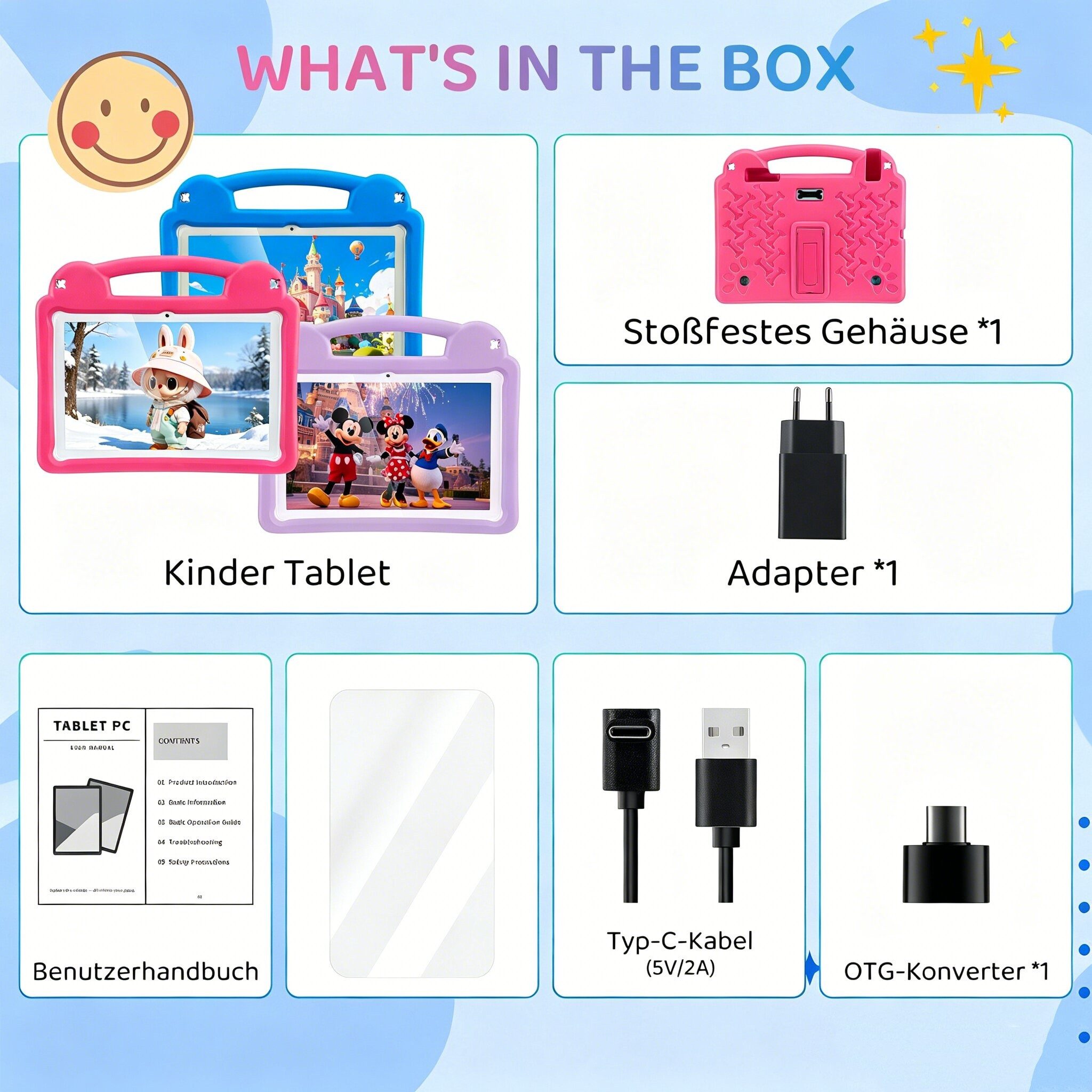 oyajia Kinder Tablet mit Hülle, Android 15 Octa Core 64GB Expand 1TB HD IPS Tablet (10.1", 64 GB, Quad Core, 2.4G+5G, WiFi 6 BT 5.0, Google Kids Space, Gemini AI, mit Stylus Tasche Sticker)
