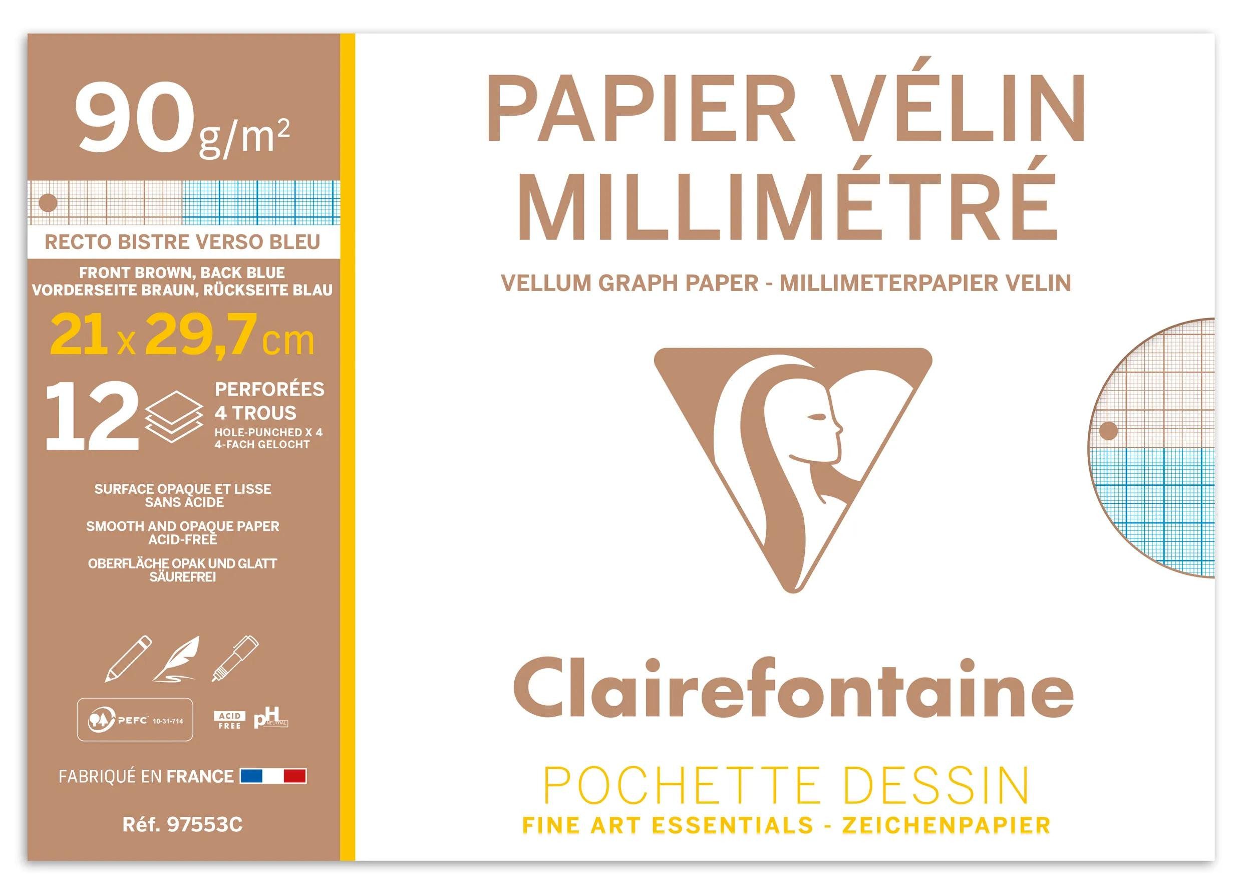 CLAIREFONTAINE Zeichenpapier 10x Millimeterpapier weiß 90g Packung DIN A4 12 Blatt 97553C, Papiermappen Blöcke Clairefontaine