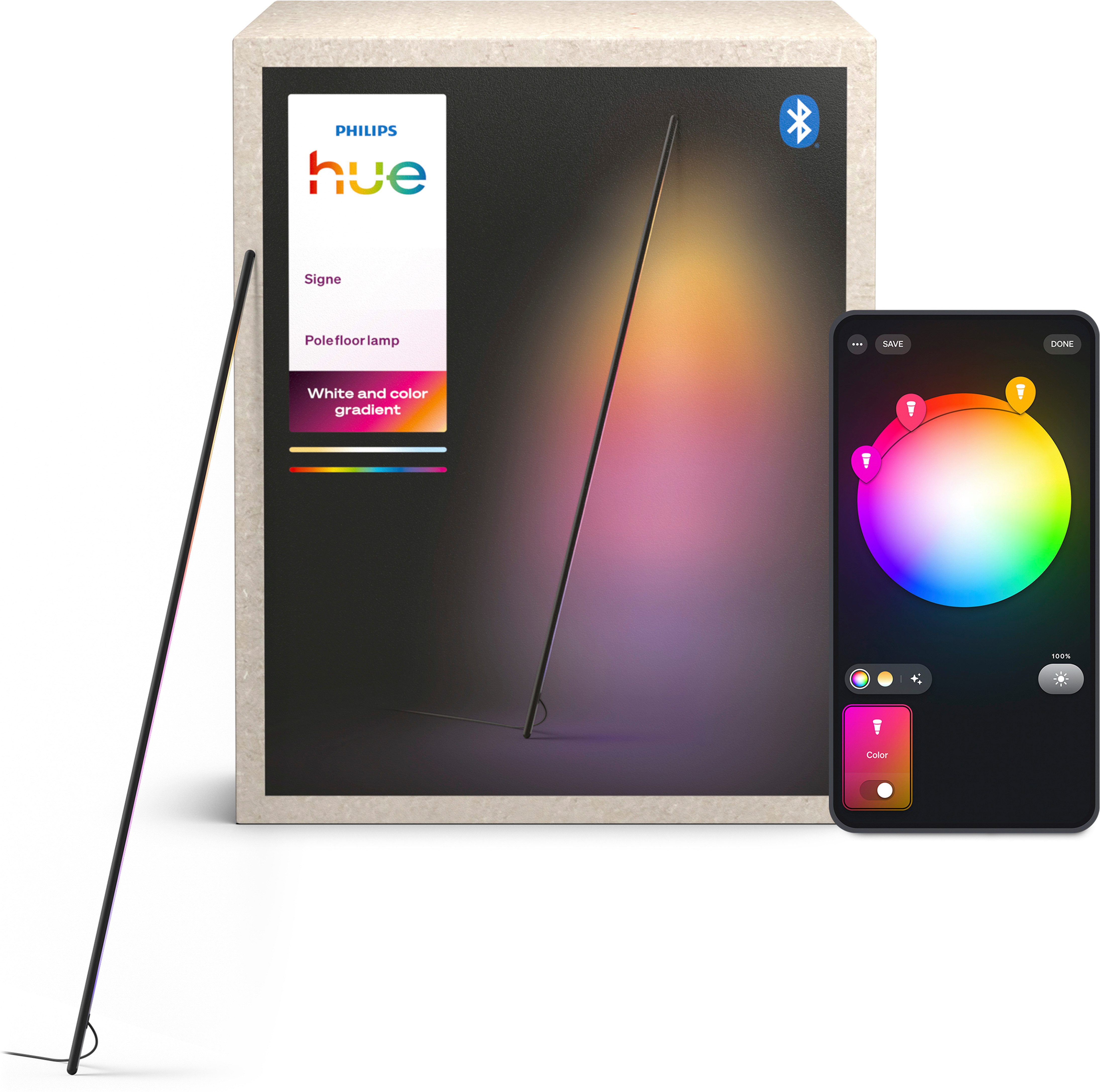 Philips Hue LED Stehlampe Gradient Signe Pole White & Color Ambiance mit Farbverlauf schwarz, Bluetooth, CCT - über Fernbedienung, Dimmer, Dimmfunktion, Einschlafhilfe, Farbsteuerung, Farbwechsel, Memory, nach Trennung vom Netz, Memoryfunktion, RGB, Smart Home, Softlichtstart, Timerfunktion, Weckerfunktion, dimmbar über Fernbedienung, erweiterbar, mehrere Helligkeitsstufen, LED fest integriert, RGB, indirektes Licht, schlankes Design, steuerbar per App und Sprache