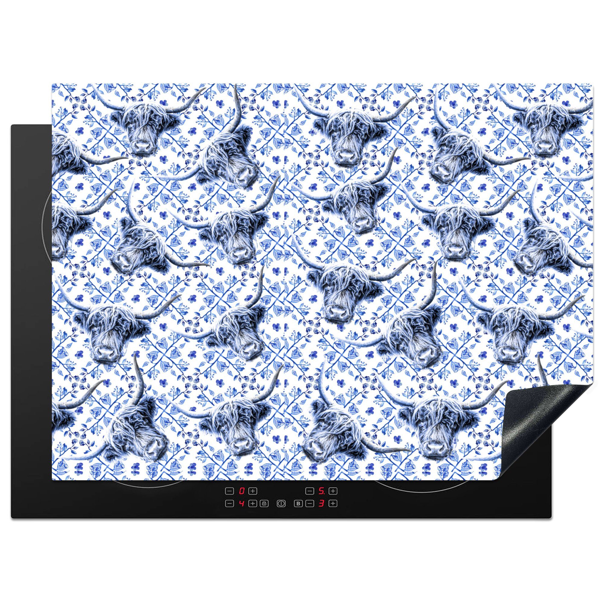 Blau Ceranfeldabdeckung - Vinyl, (1 Schutz Delfter küche, Schottischer Highlander für cm, MuchoWow tlg), - die 71x52 Induktionskochfeld Tiere, Herdblende-/Abdeckplatte