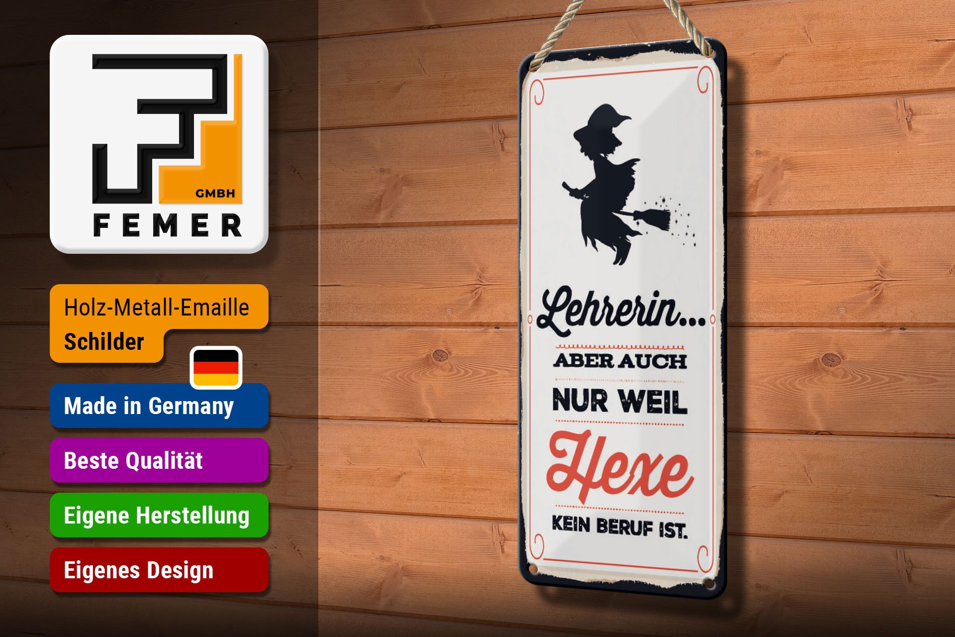Femer GmbH Metallschild Spruch 27x10 cm Lehrerin Hexe kein Beruf, (1 St), gewölbte Oberfläche, abgerundete Ecken, umgeschlagene Kanten