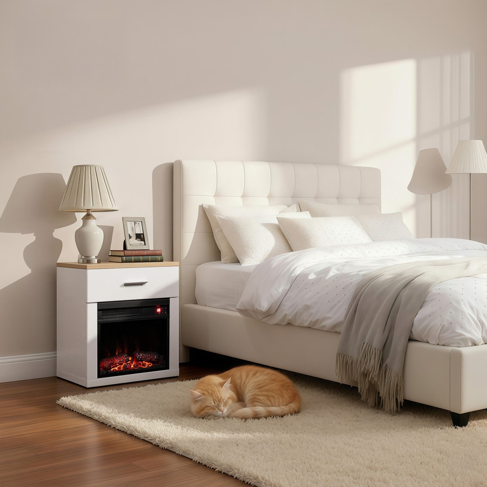 HOMAVO Elektrokamin mit Nachttisch, 14" 1000W Heizung, 3D-Flammeneffekt, Fernbedienung, Schrankgröße:43.5 x 29.5 x 47cm, Überhitzungsschutz, Timer