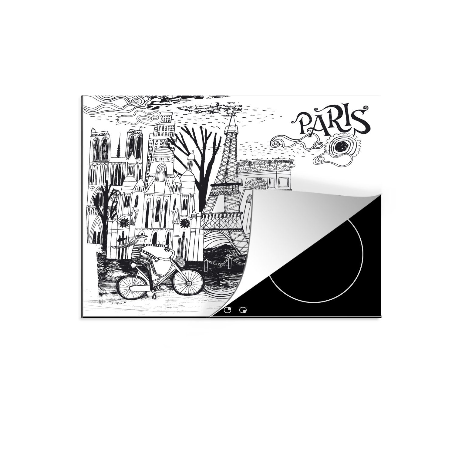 (1 tlg), Schwarz, Herdblende-/Abdeckplatte - - Paris Induktionskochfeld, Vinyl, Induktionsschutz, 57x51 cm, Ceranfeldabdeckung MuchoWow Zeichnung