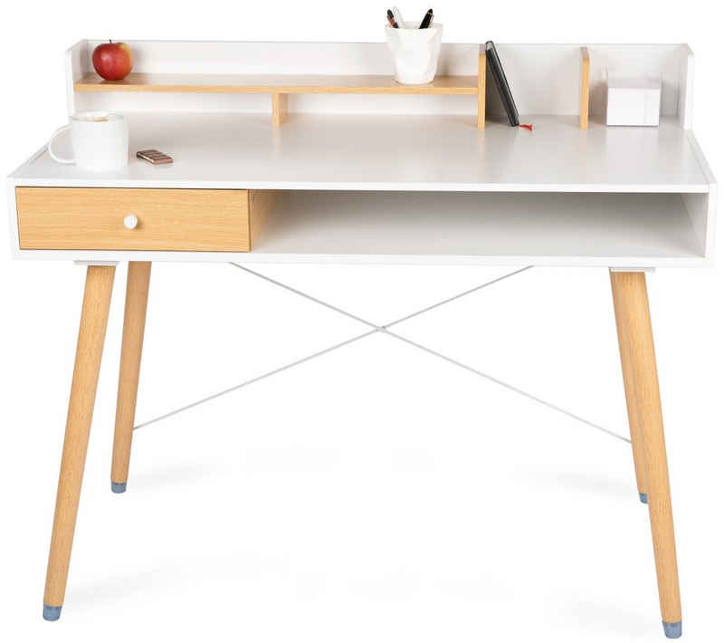 WONDERMAKE Schreibtisch Design Computertisch PC-Tisch Bürotisch Holz Schublade Regal modern, Sekretär Arbeitstisch + Regal Stauraum klein platzsparend dünne Beine