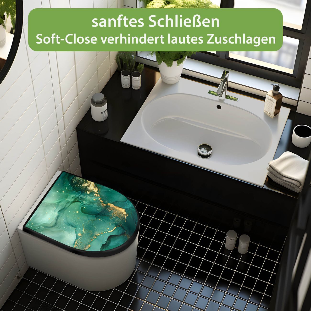 banjado WC-Sitz Premium D-Form mit Absenkautomatik Motiv Grüner Marmor mit Gold 1 (umweltfreundliches Material, Softclose Absenkautomatik), 45 x 36,4 x 4