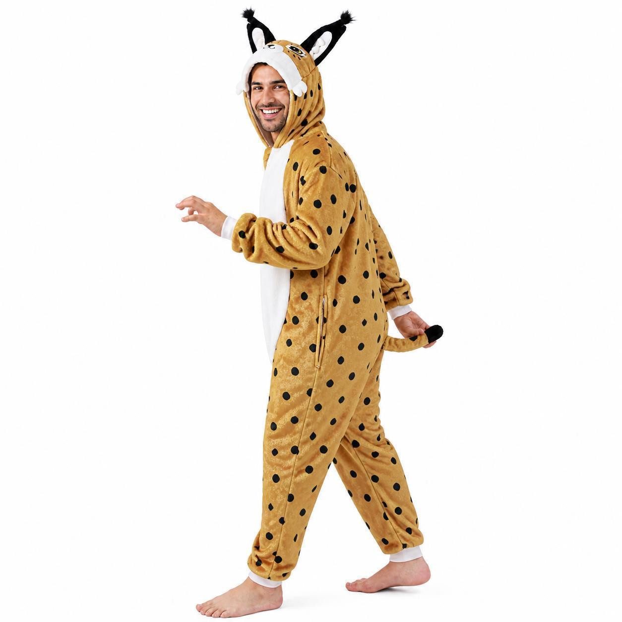 Corimori Partyanzug Flauschiges Luchs-Kostüm für Erwachsene, Karneval Kostüm Onesie für, Jumpsuit, Pyjama, Fasching, Kigurumi, Tierkostüme, Luchs Silas