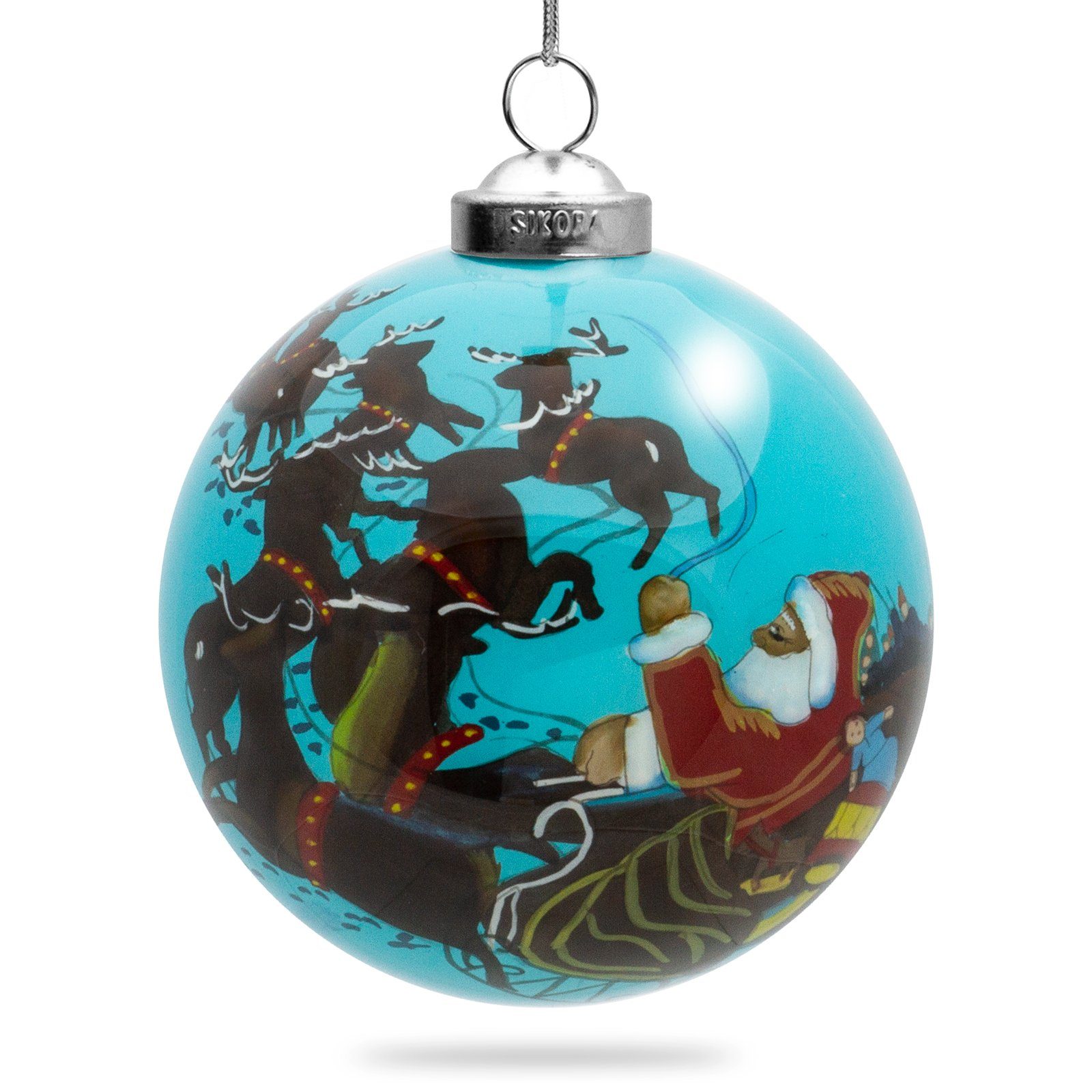 Weihnachtskugel K08-26 Christbaumschmuck Rentierschlitten SIKORA cm D: Glaskugel mit Innenglasmalerei SIKORA 7,5 Weihnachtsmann