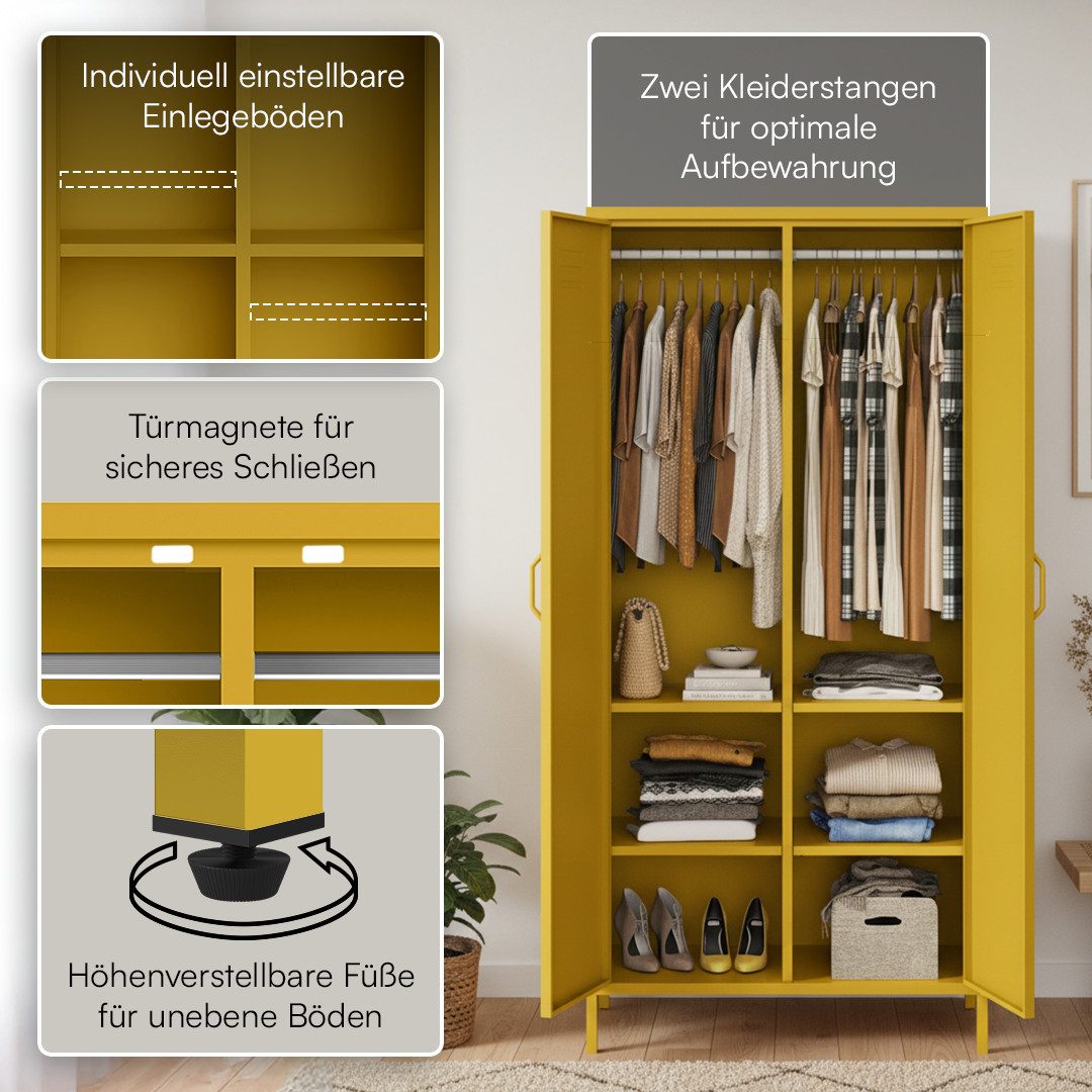 skølm Kleiderschrank Atria aus Metall (Senfgelb) Metallschrank mit 6 Fächern & 2 Kleiderstangen, 170x45x80 cm (HxTxB)